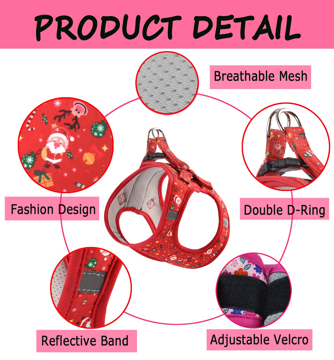 Moonpet Step in Christmas Xmas Day Dog Harness Leash Set- All Weather Reflective No-Pull Floral Pattern Padded Mesh Vest Harness