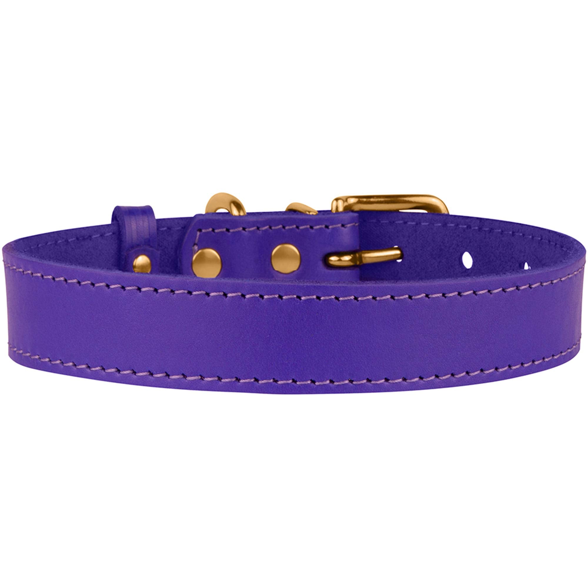 Bronzedog Leather Dog Collar With Metal Buckle Durable Basic Pet Collars For Small Medium Large Dogs (14-17 Inch (Pack Of 1), Purple & Gold Buckle)