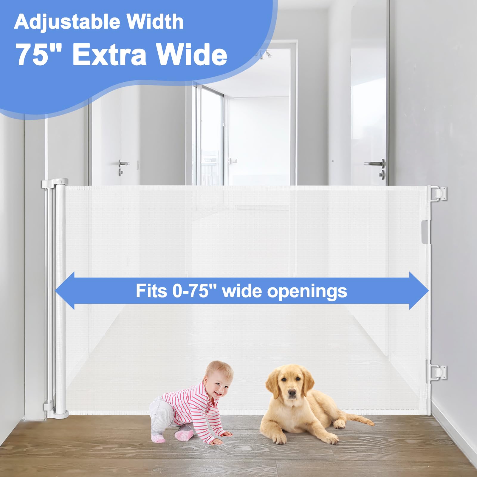 42'' Tall X 75'' Wide Retractable Baby Gates Extra Tall Baby Gate Tall Baby Gates for Dogs Tall Gates for Dogs Indoor Retractabl