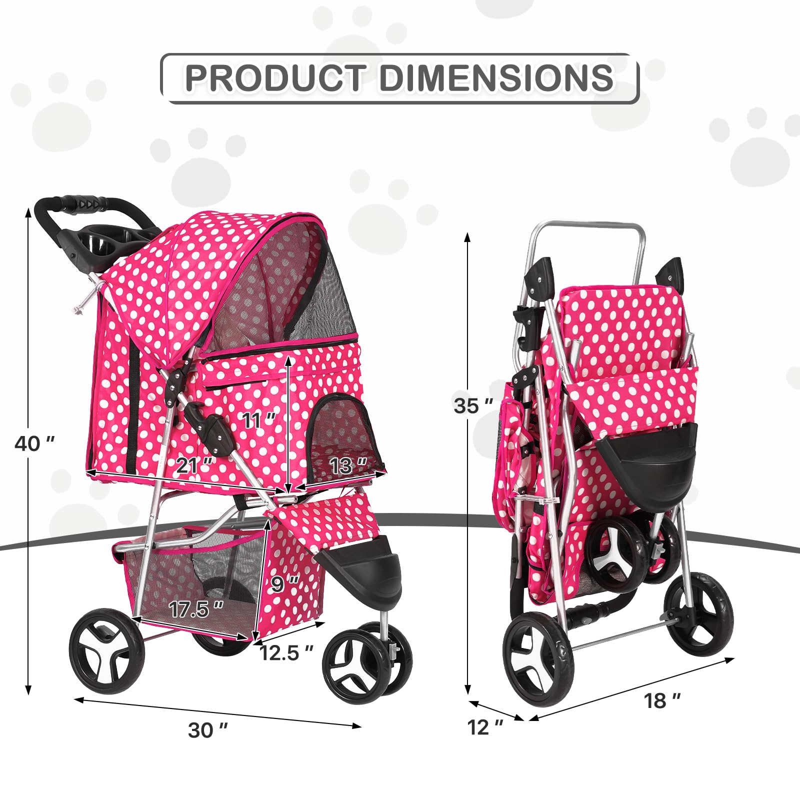 Monibloom 3 Wheels Pet Dog Cat Stroller For Small Medium Dogs Cats, Foldable Jogger Stroller W/Storage Basket And Cup Holder, Ho