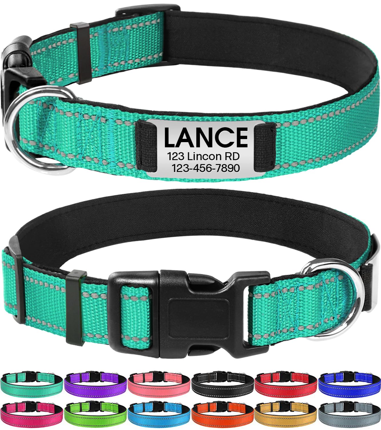 Joytale Personalized Dog Collars, Reflective Nylon Dog Collar With Engraved Name Plate, Customized For Small Dogs, Teal, S