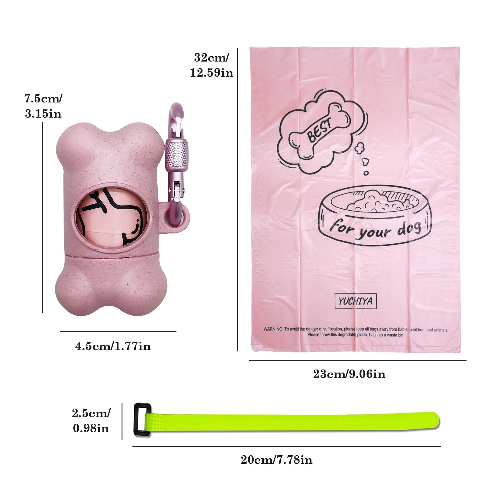 Dog Poop Pickup Bags Holder Dispenser With 1 Roll Random Color Leak-Proof Scented Doggy Waste Bags And Carabiner With Safety Lock Plus Hook And Loop Fastener Never Loose On Leash Lead Again (Pink)