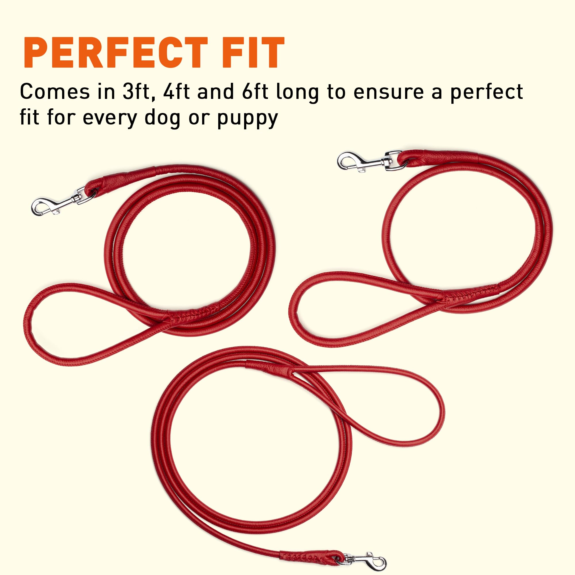 Dogline Soft Padded Rolled Round Leather Leash Dogs W1/2' - L72, Red
