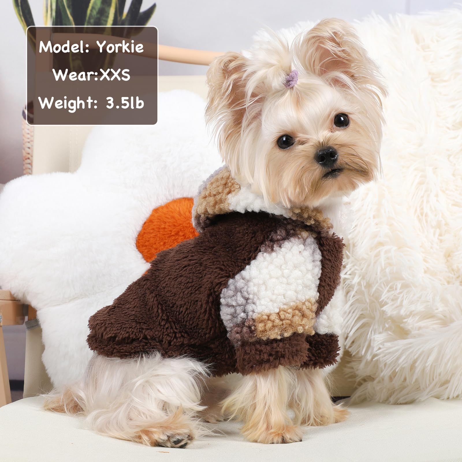 Fleece Dog Sweater Hoodie Warm Fuzzy Velvet Sweaters Winter Clothes For Small Dogs Girl Boy (Brown Plaid, Small)