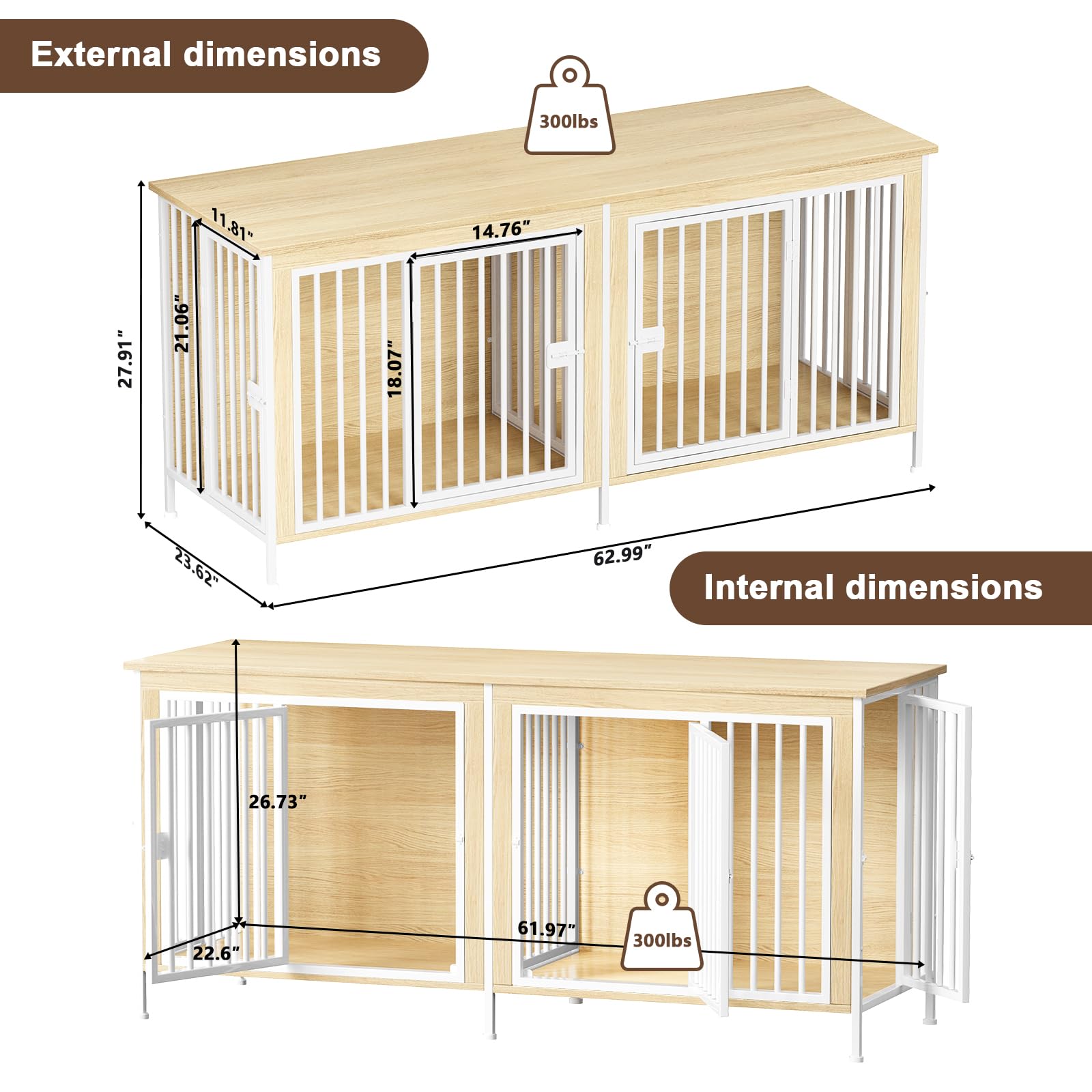 EasyCom 39.96 XL Wooden Large Dog Crate Furniture for Medium and Large Breed, Chew-Resistant Dog Kennel Furniture Indoor with 2