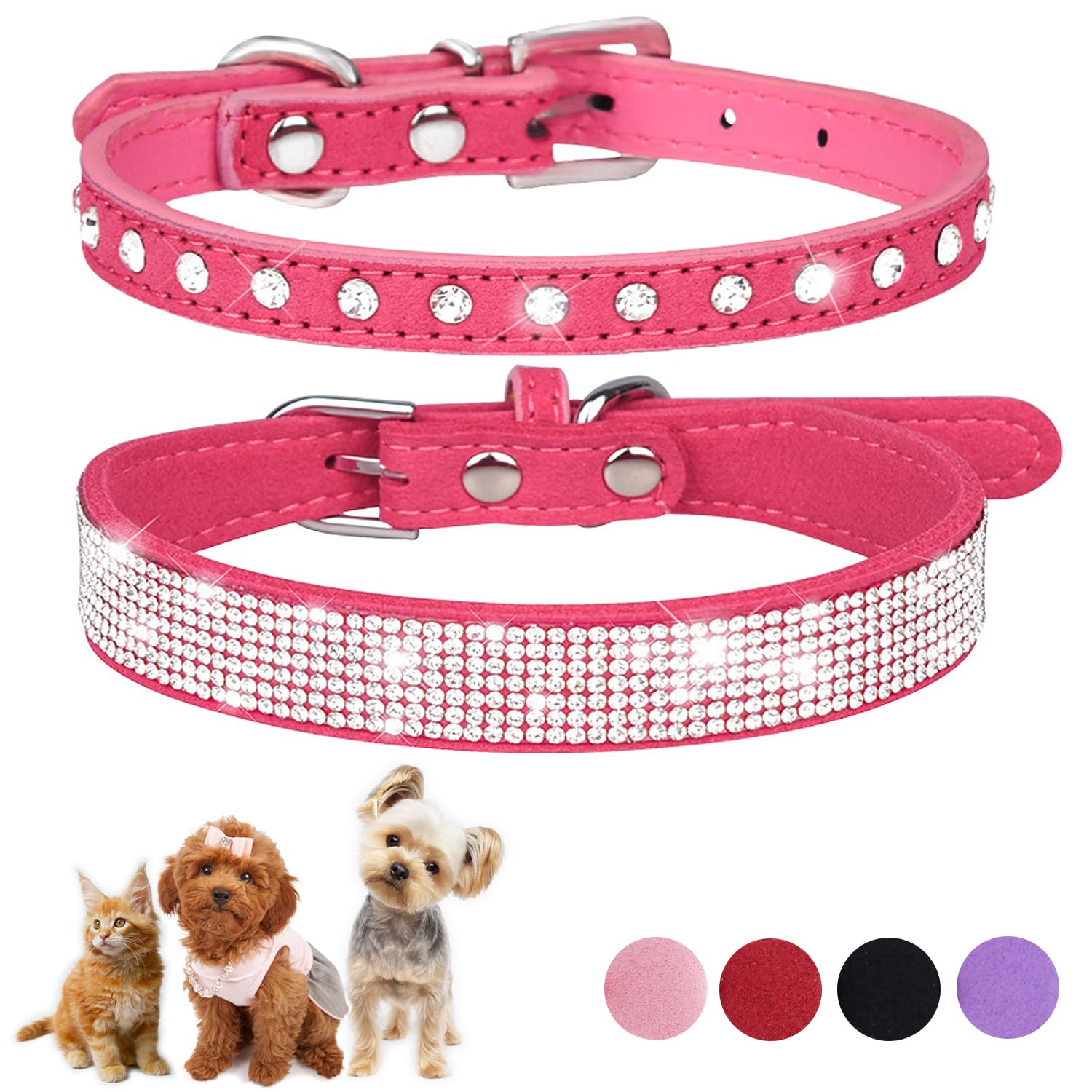 Hot Pink Sparkly Dog Collars For Small Dogs, 2-Pack Bling Diamond Dog Collar Soft Suede Glitter Rhinestone Jewelry Crystal Femal