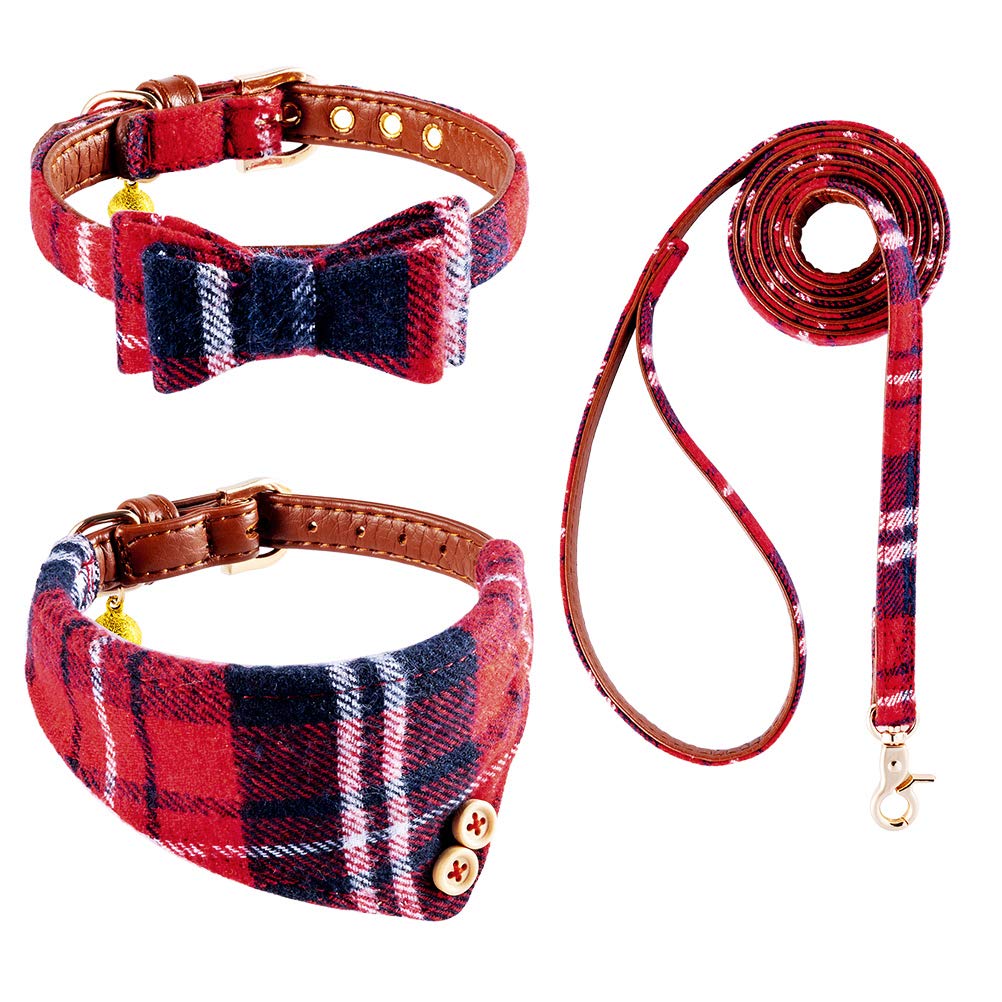 Expawlorer Dog Collar And Leash Set - Classic Plaid Dog Bow Tie And Dog Bandana Collar With Bell, Dog Leash Tangle Free, Adjustable Collars For Small Medium Large Dogs Cats, Holiday Ideal Gift