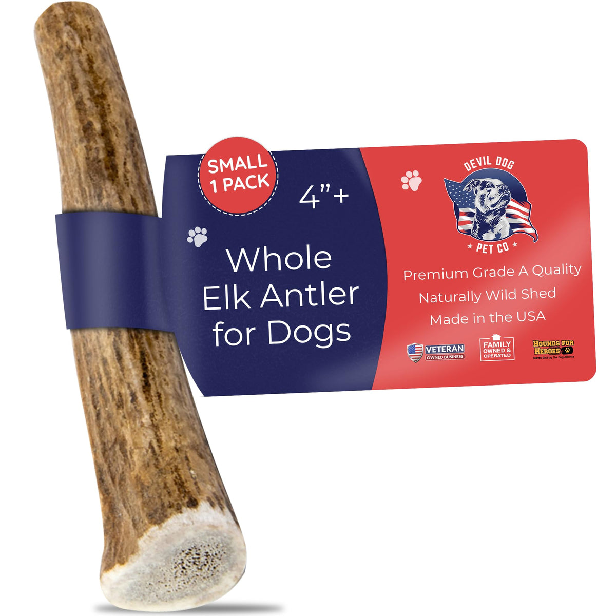 Devil Dog Pet Co Antler Dog Chew - Premium Elk Antlers For Dogs - Long Lasting Dog Bones For Aggressive Chewers - No Mess No Odor - Wild Shed In The Usa - Veteran Owned (Small)