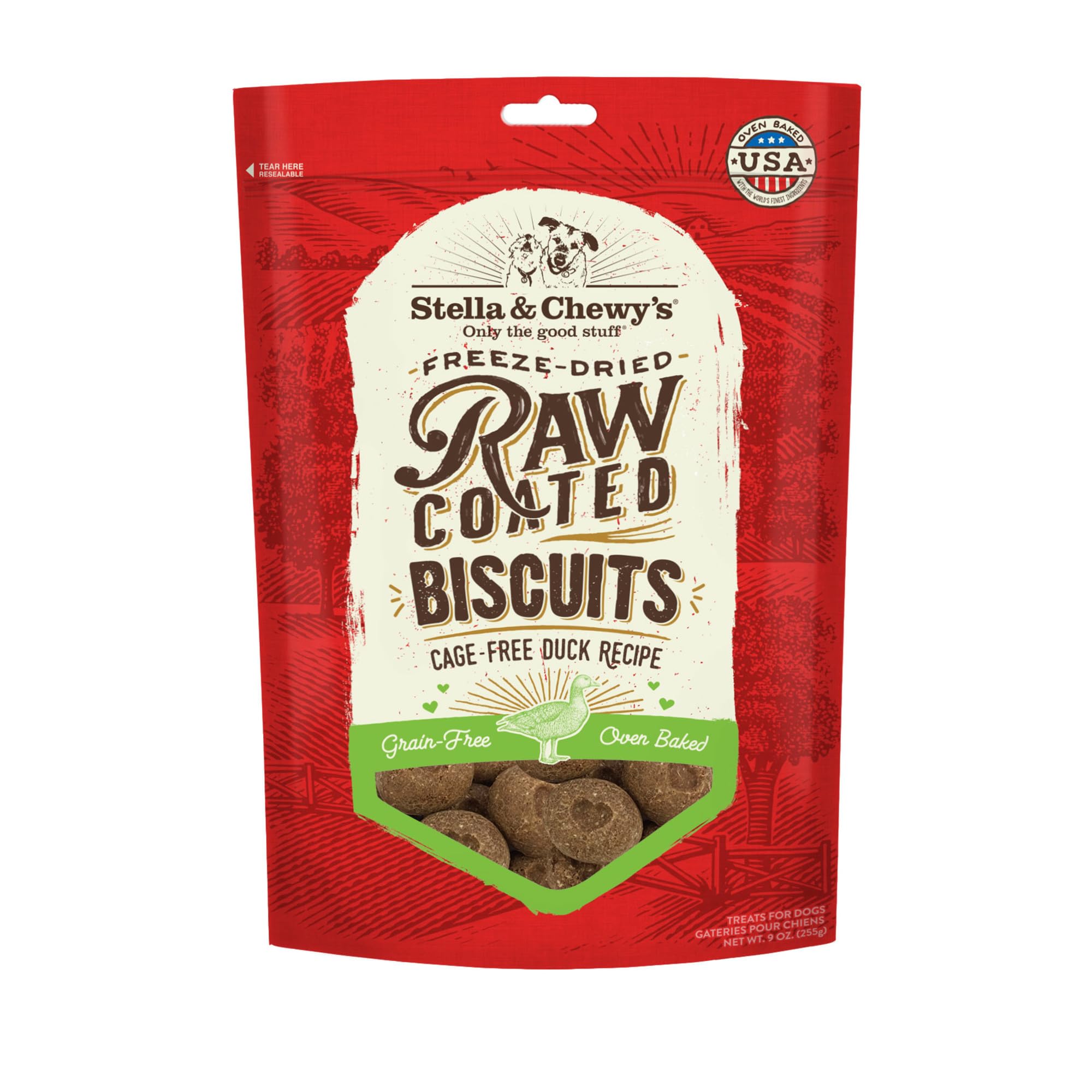 Stella & Chewys Freeze-Dried Raw Coated Dog Biscuits - Cage-Free Duck Recipe - Protein Rich, Grain Free Dog & Puppy Treat - Gre