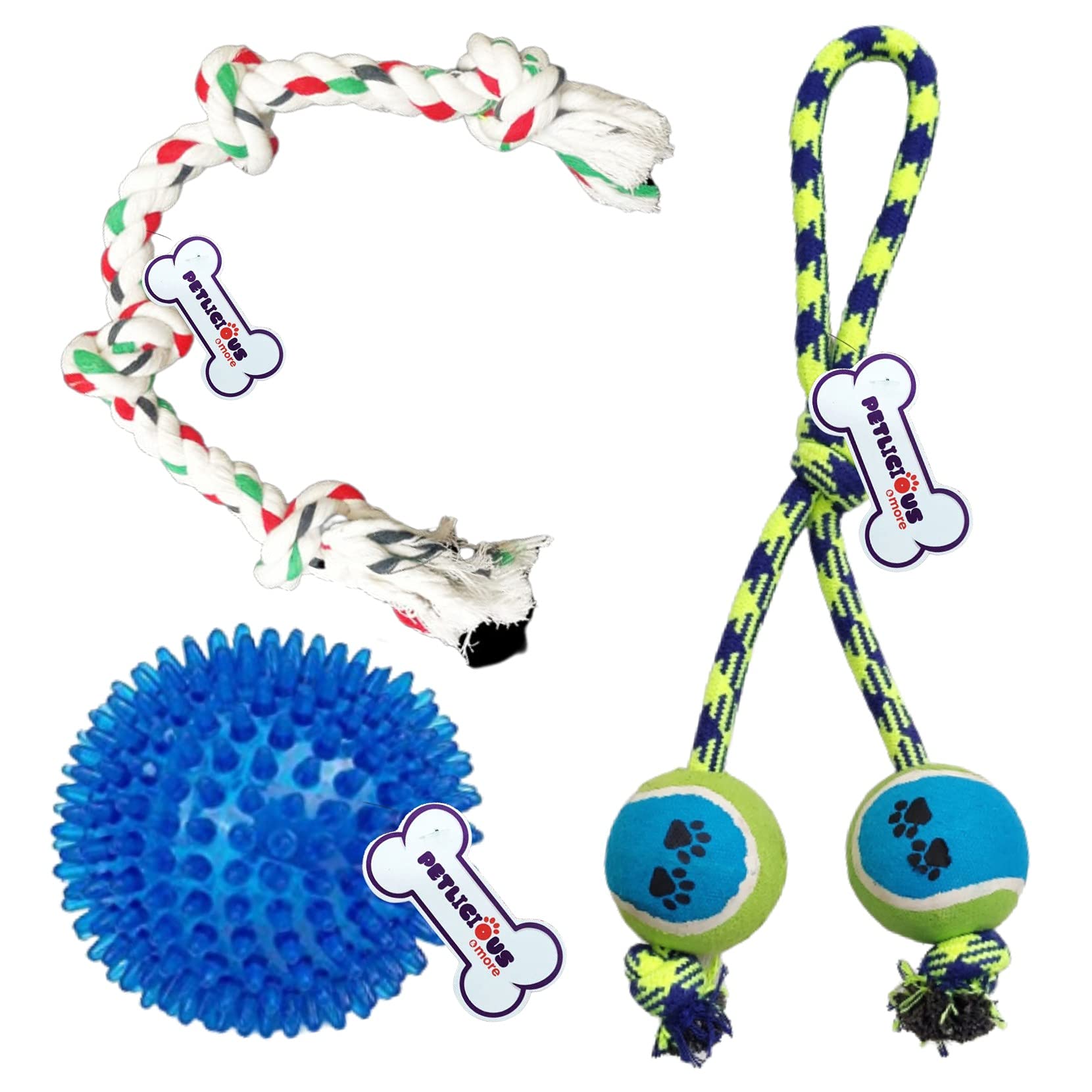 Petlicious & More NonToxic Adult Dog Rubber Squeaky Ball Toy | 4 Knot Rope | Double Tennis Rope Ball (Medium, Combo Of 3 Pieces