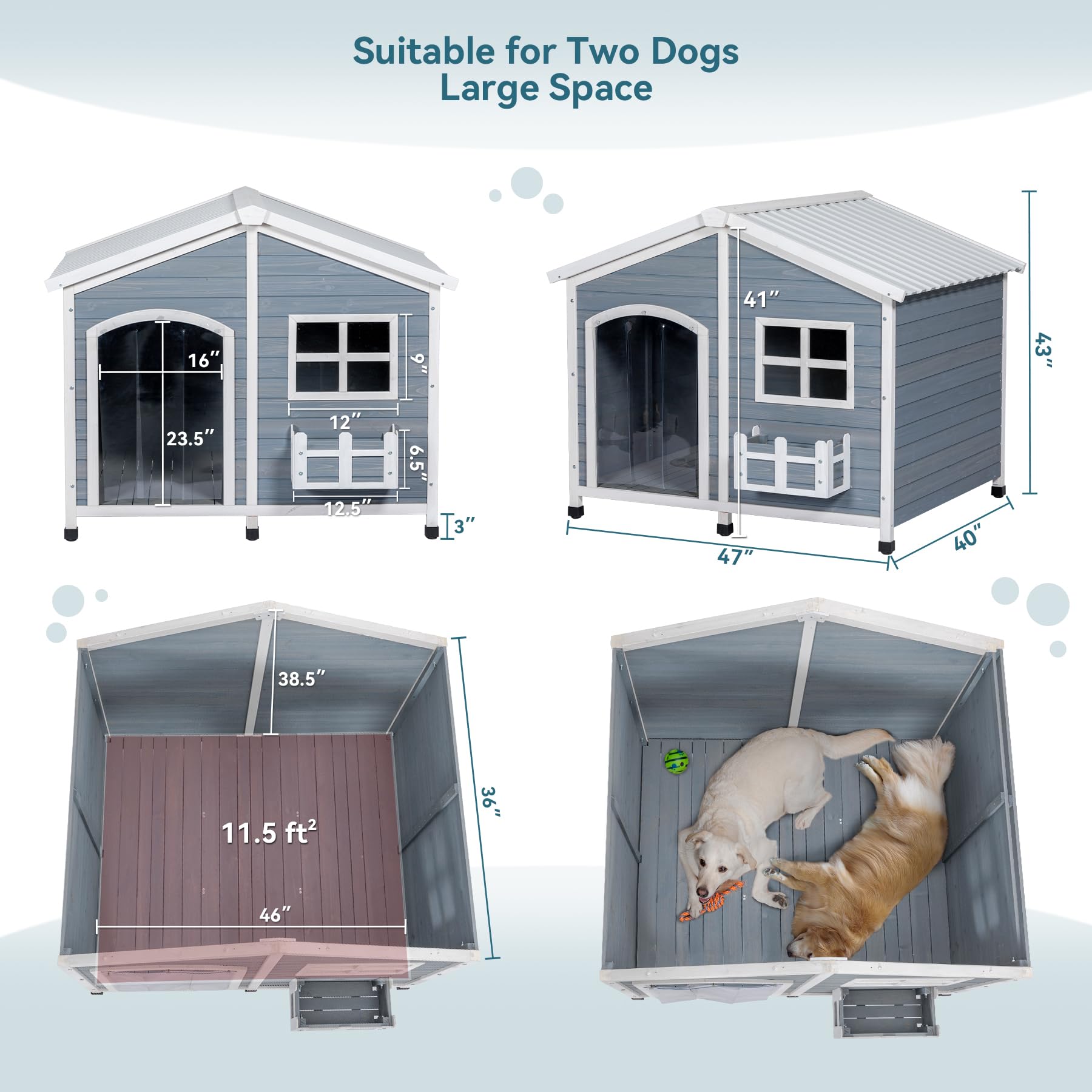 Petsfit 47'' Dog House Outdoor With Waterproof Pvc Roof, Extra Large Doghouse For 2 Medium Dogs, Dog House Outdoor Large Breed,