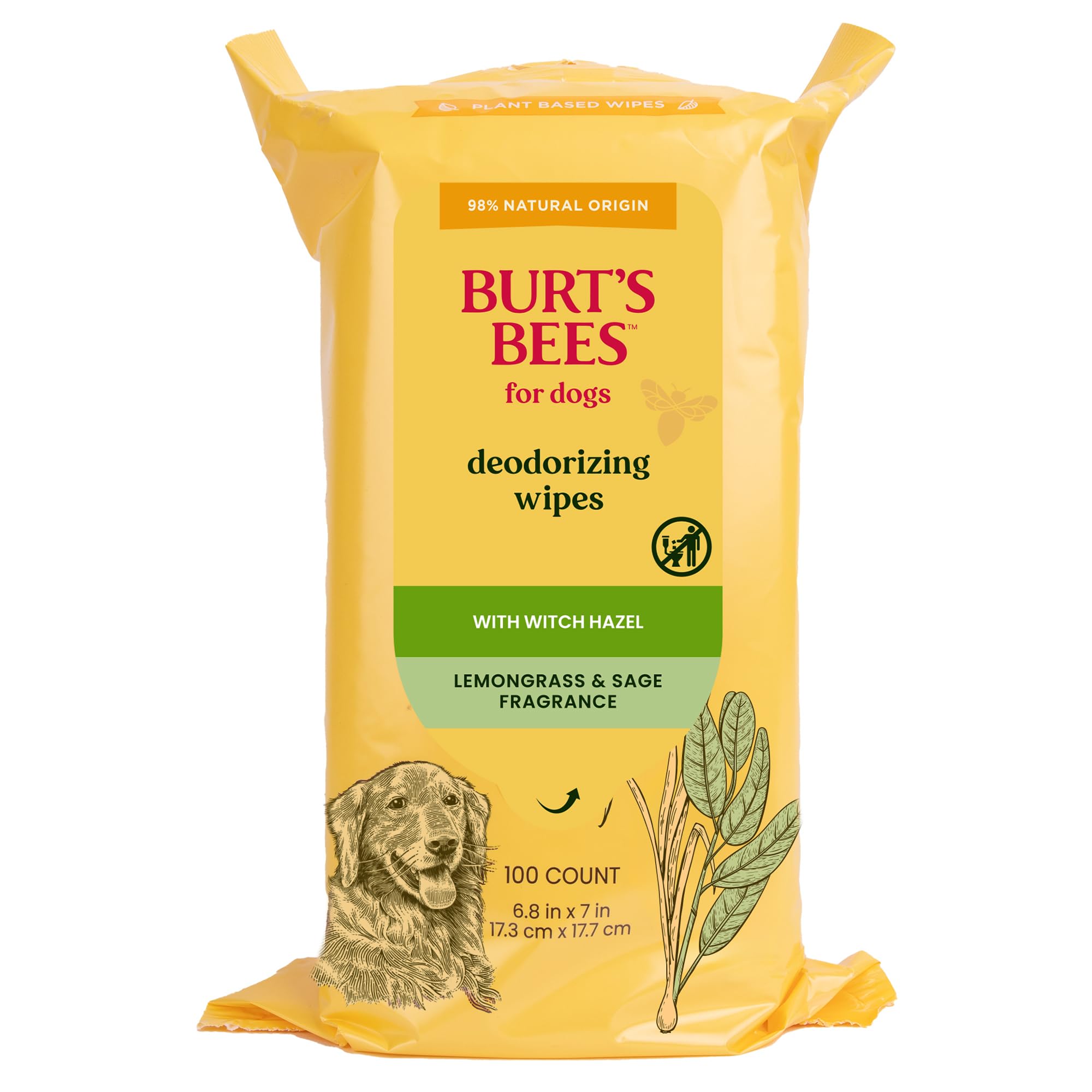 Burt'S Bees For Pets Deodorizing Dog Wipes With Witch Hazel, Lemongrass And Sage Fragrance, 98% Natural Origin Formulas, Dog Wip