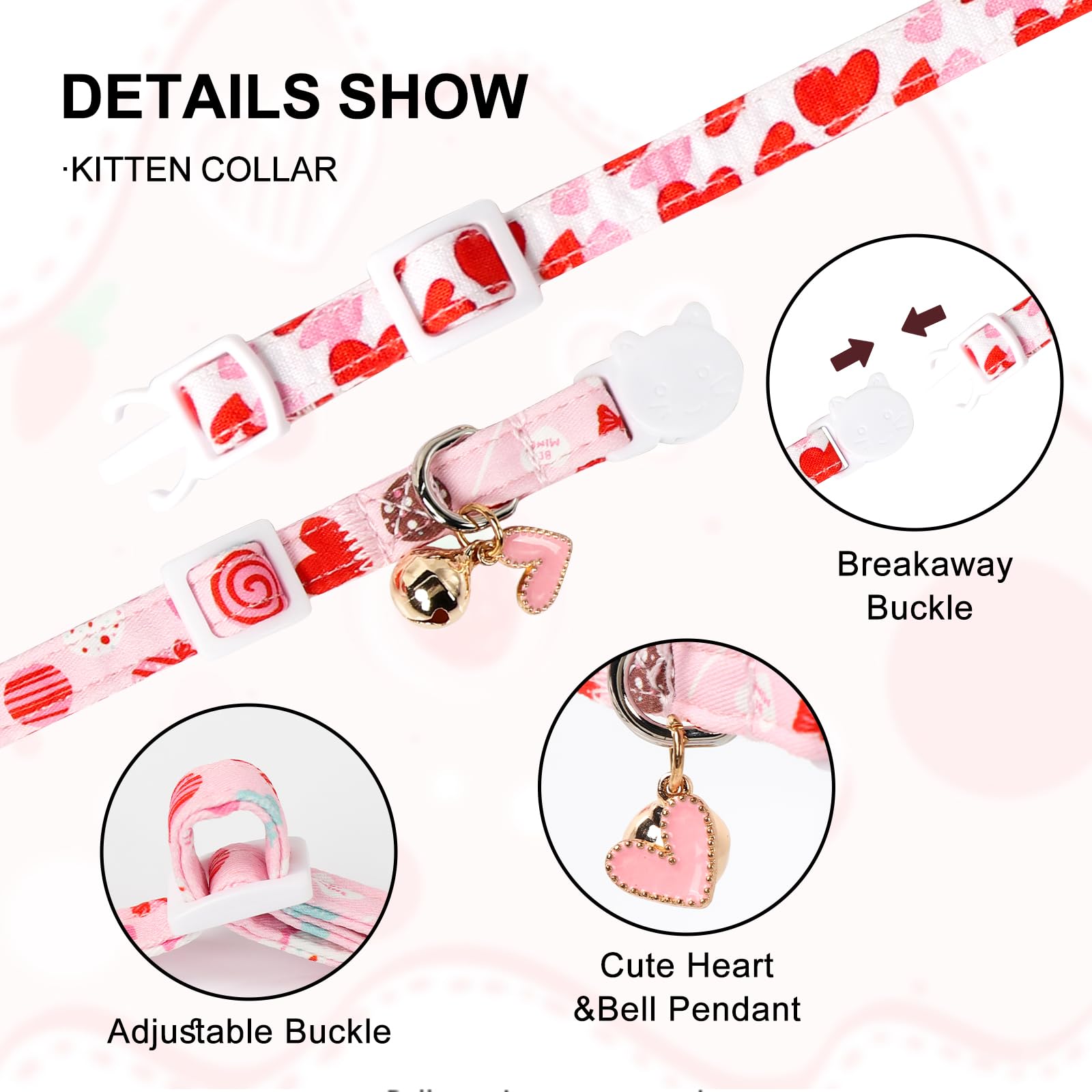 2 Pack Valentine'S Day Paws Cat Collar With Bell, Unique Style, Breakaway Buckle, Cute Heart Love Pattern, Ideal Gift For Boy Or