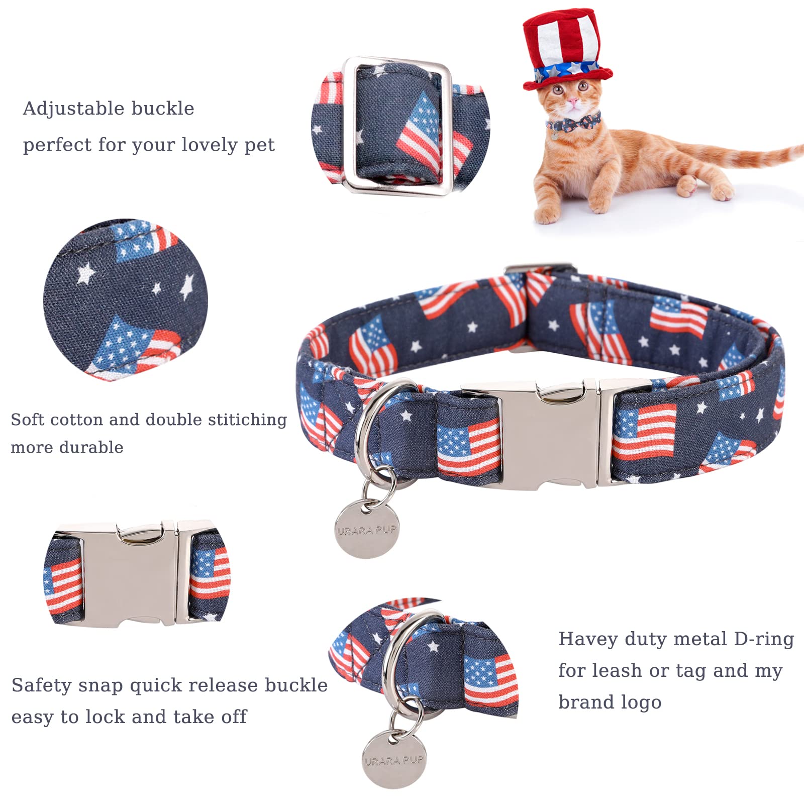 Up Urara Pup American Flag Dog Collar With Bow Tie, 4Th Of July Comfortable Cotton Cute Dog Collar With Metal Buckle, Patriotic