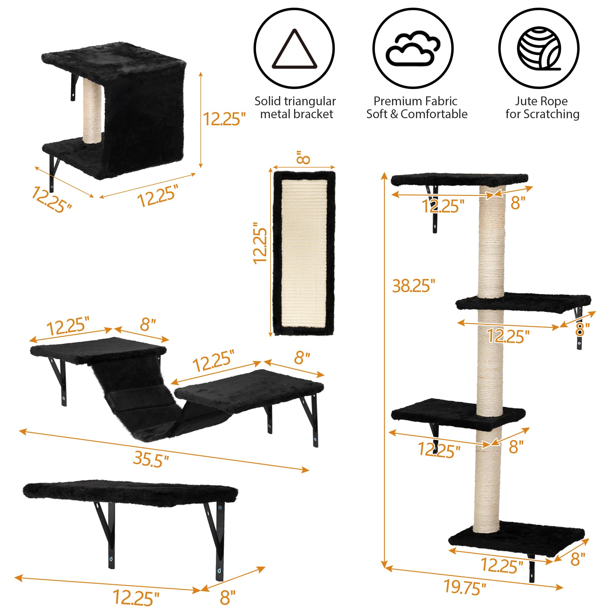 COZIWOW Cat Wall Shelves and Mounted Perches,Climber Set with 5pcs Including Cat Scratching Post, Hanging Bed, House, Steps, Tre