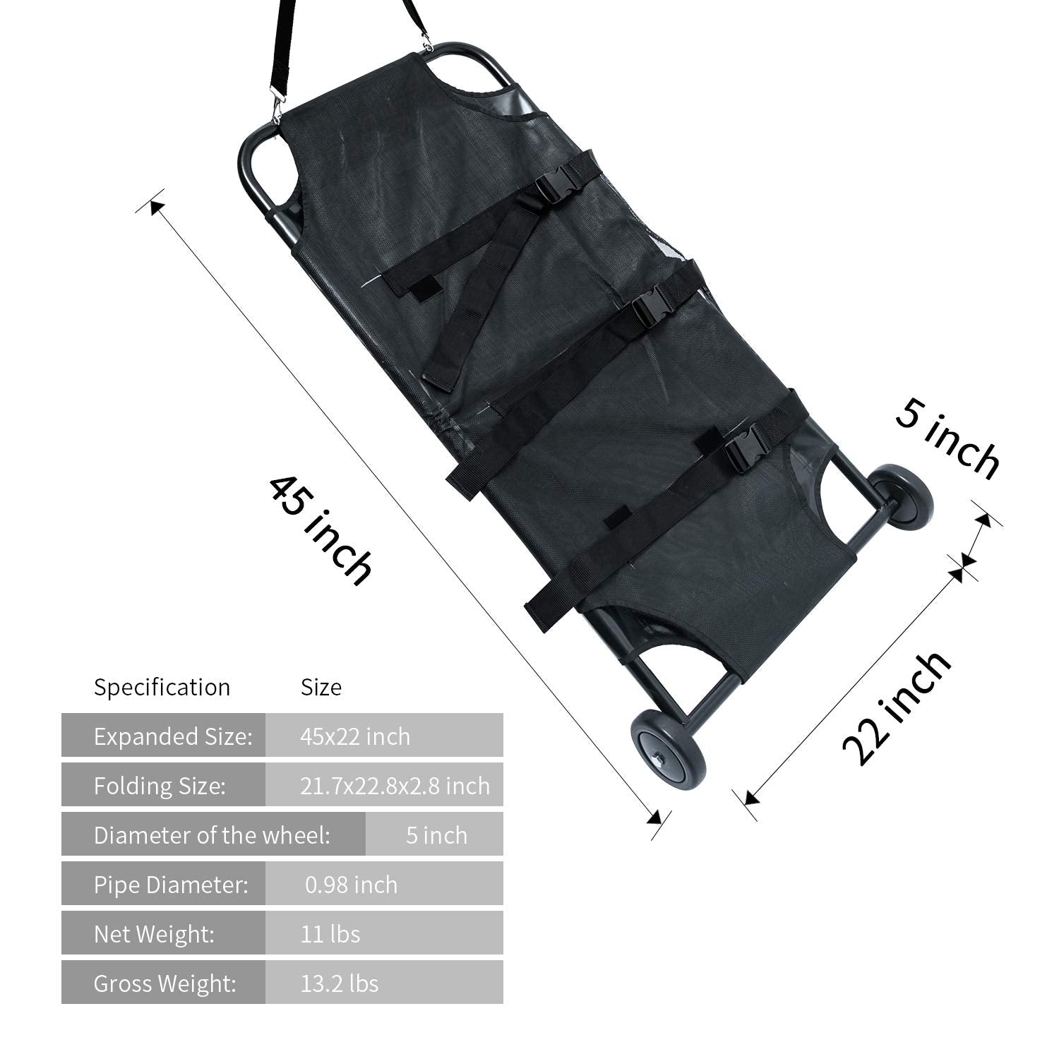 TUNTROL 45x22 Inch Large Dog Stretcher with Noiseless Wheels, 250lbs Capacity Pet Transport Trolley, Black Animal Gurney Carrier
