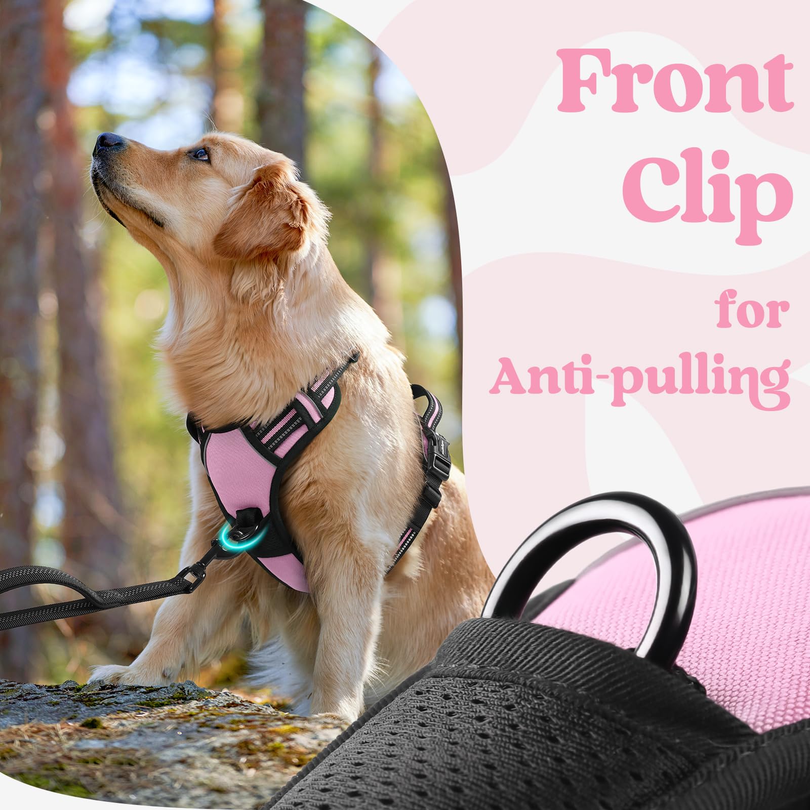 Rabbitgoo Dog Harness Medium Sized, No Pull Pet Harness With 3 Buckles, Adjustable Soft Padded Pooch Vest With Instant Control Handle, Easy Walking Reflective Pet Vest For Medium Dogs, Pink, M
