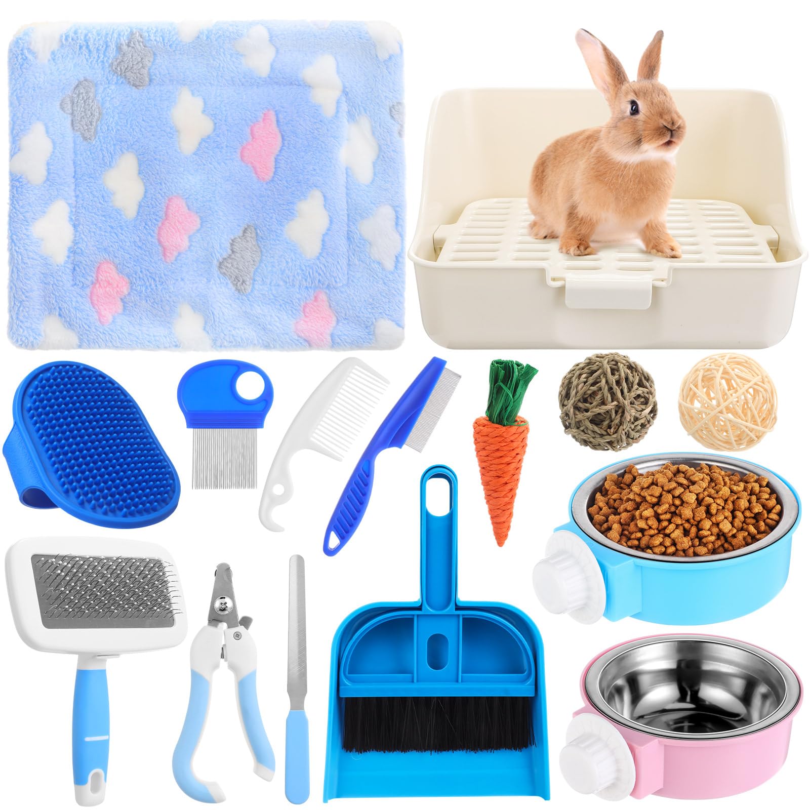 Reallnaive 15 Pcs Rabbit Starter Kit Small Litter Box Animal Grooming Kit Bunny Toys Bowl Blankets With Cleaning Set For Guinea 