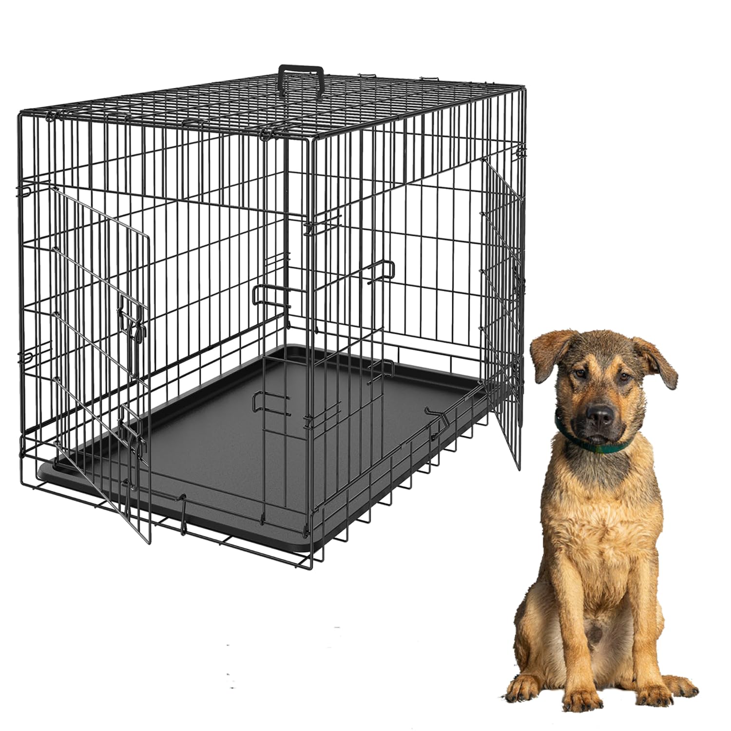 Home For Pets Dog Crate Cage Extra Folding Large Double Door Pet Crate,Includes Divider And Tray,(Black,36)