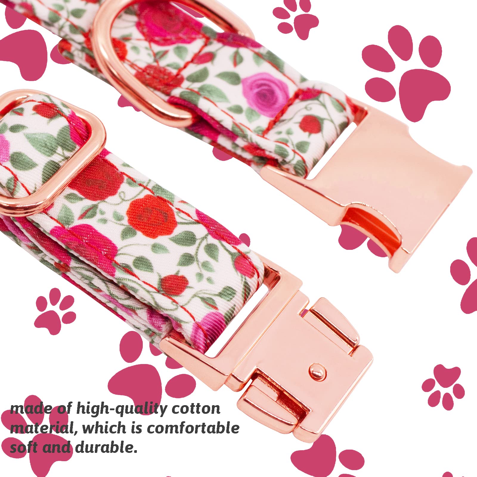 HSIGIO Dog Collar and Leash Set Girls Adjustable Puppy Collars with Floral Bow Tie for Small Medium Large Female Dogs, Red Rose,
