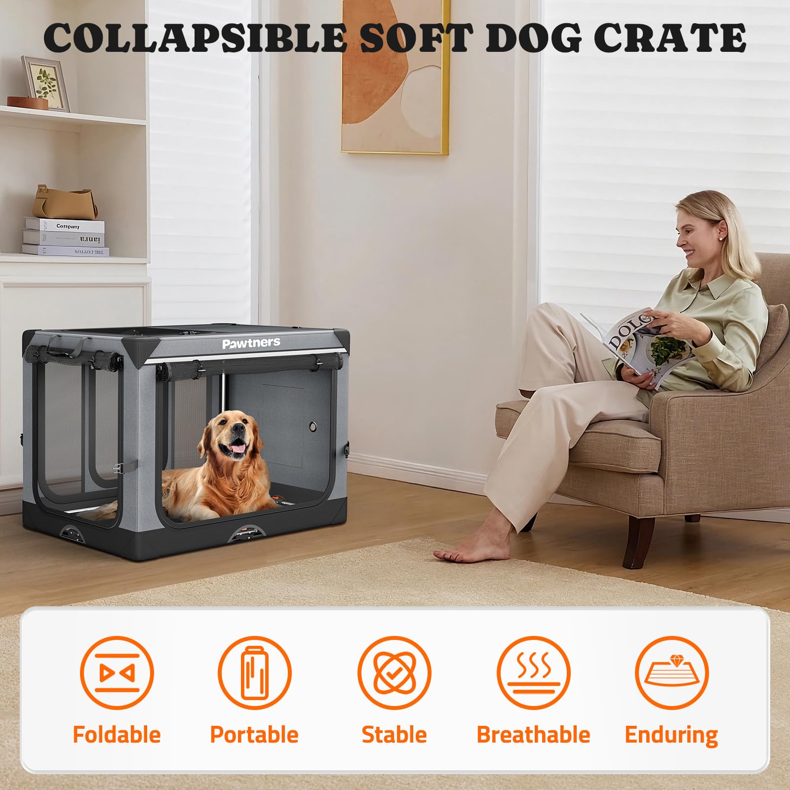 Collapsible Dog Crate: 42 Inch Foldable Soft Sided Dog Crate For Extra Large Dogs, Portable Dog Travel Kennel With Soft Mat For