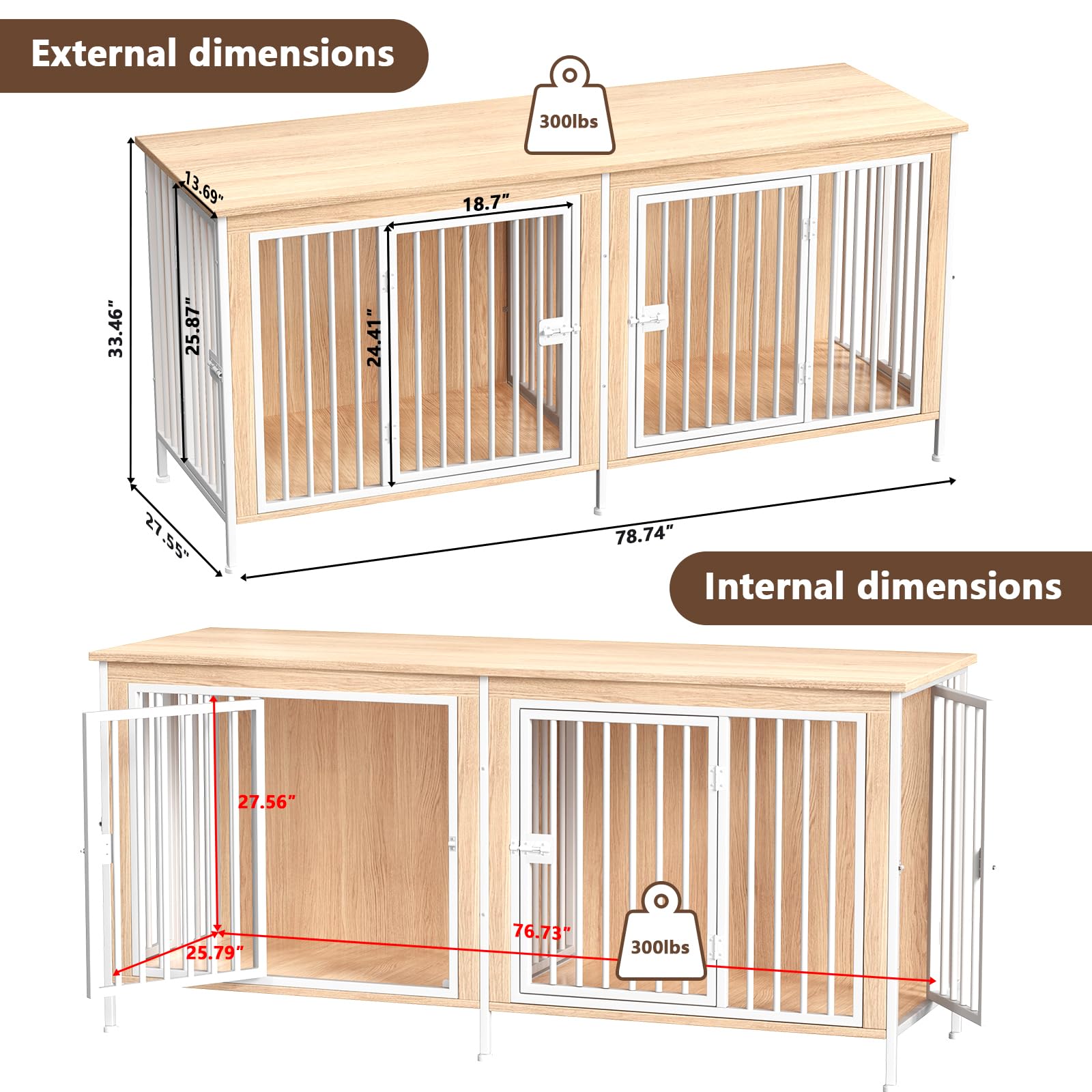 Easycom 78 Inch Dog Cage Furniture For 2 Pets With Divider, Xxl Wooden Double Dog Crate Furniture Tv Stand For Mideum And Large