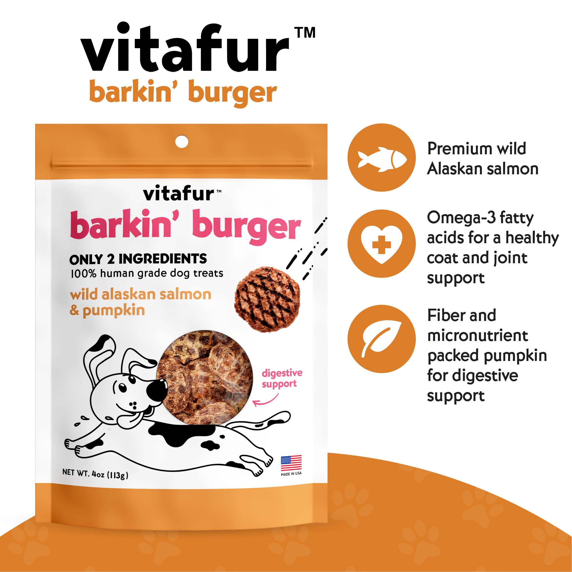 Vitafur Barkin Burger Dog Treats Variety Pack - Beef & Pumpkin + Salmon & Pumpkin, 2-Pack, Made in USA, Grain Free, Human-Grade,