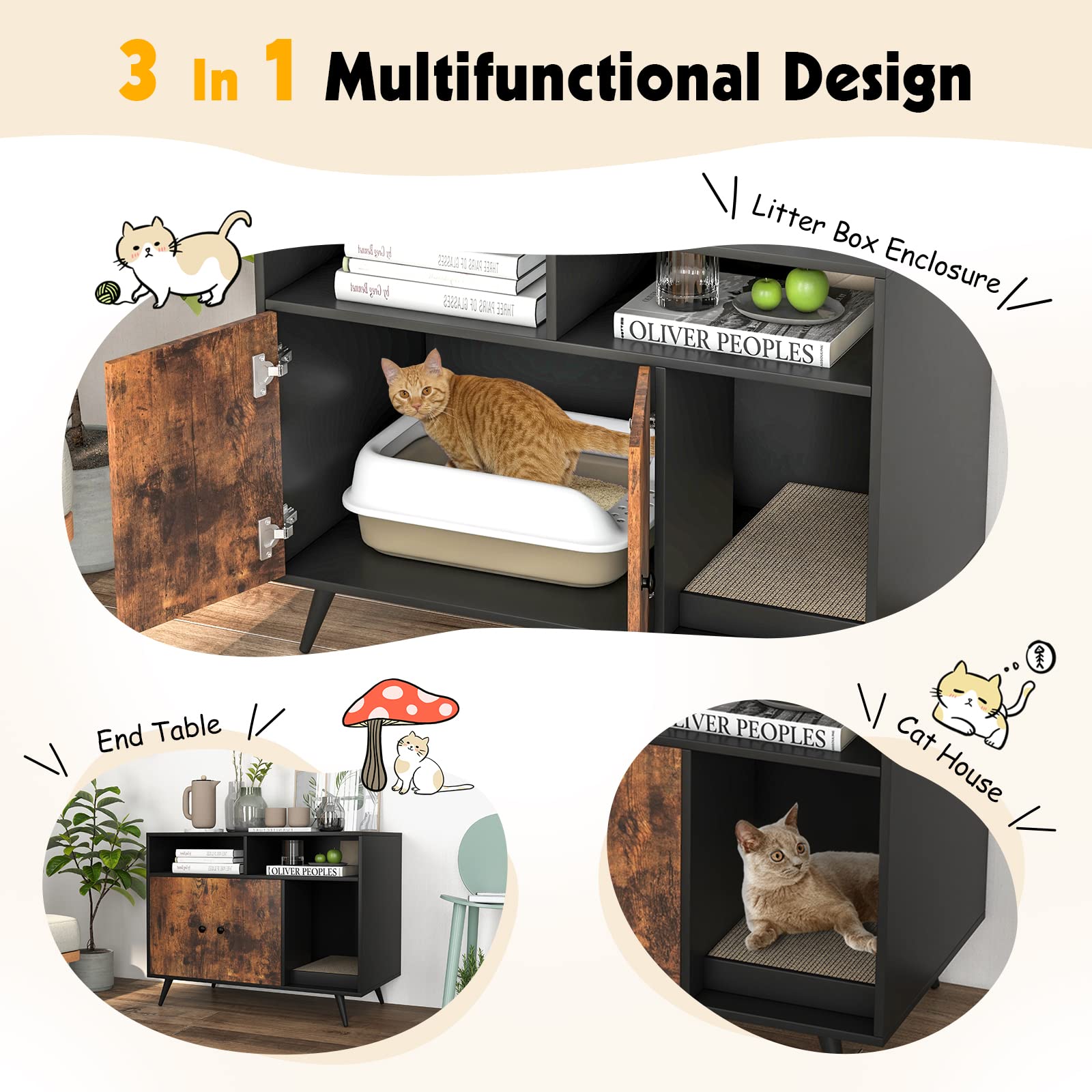 Petsite Litter Box Enclosure, Wooden Cat Litter Box Furniture Hidden With Shelves & Scratching Pad, Kitty Large Litter Box Washroom Cabinet End Table