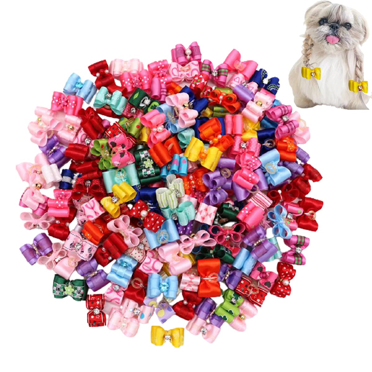 Dog Hair Bows,Fzbnsrko 10 Pcs Dogs/Cats Double Bow With Fake Diamonds Dog Hair Bows With Rubber Bands Small Dog Hair Bowknot Gro