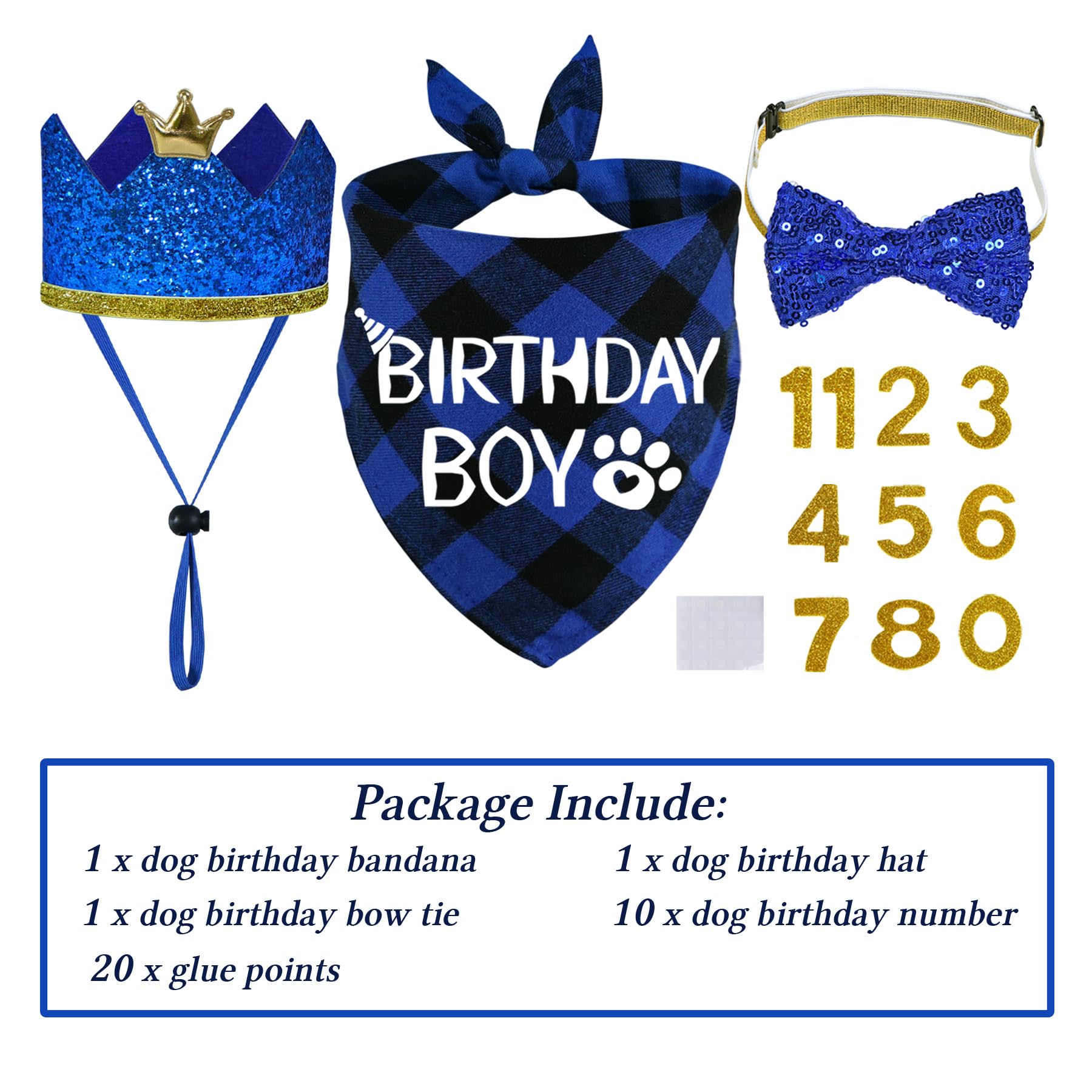 Stmk Dog Birthday Party Supplies, Multi Size Dog Birthday Hat With Numbers Bandana Bow Tie For Small Dogs Pets (Blue, Small)