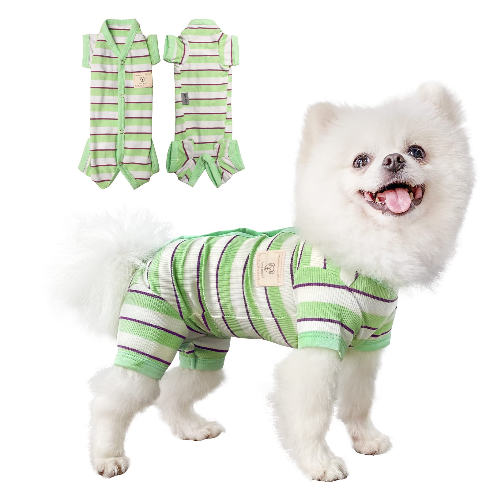 Tony Hoby Dog Jumpsuit 4 Legged Pajamas - Female Dog Pajamas With Green Stripe, For Small Medium Size Dogs, Green&White, Female