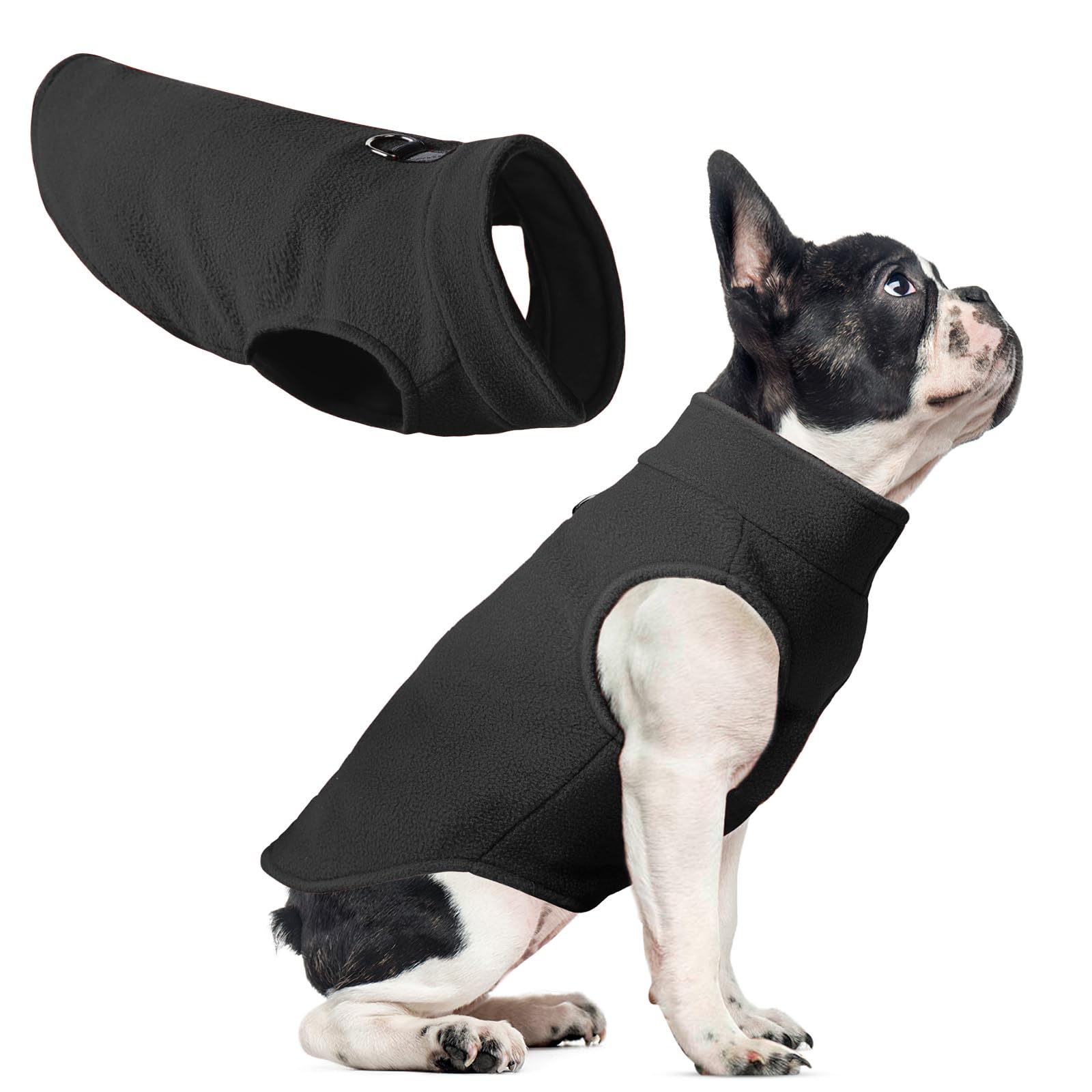 Pullover Fleece Dog Sweater Vest, Stretchy Winter Jacket For Small To Large Dogs, Black With D Ring Leash (Xs)