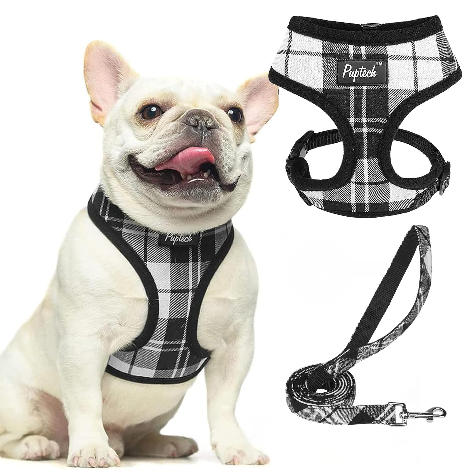 Pupteck Soft Mesh Dog Harness And Leash Set Pet Puppy Cat Comfort Padded Vest No Pull Harnesses, Black&White, M