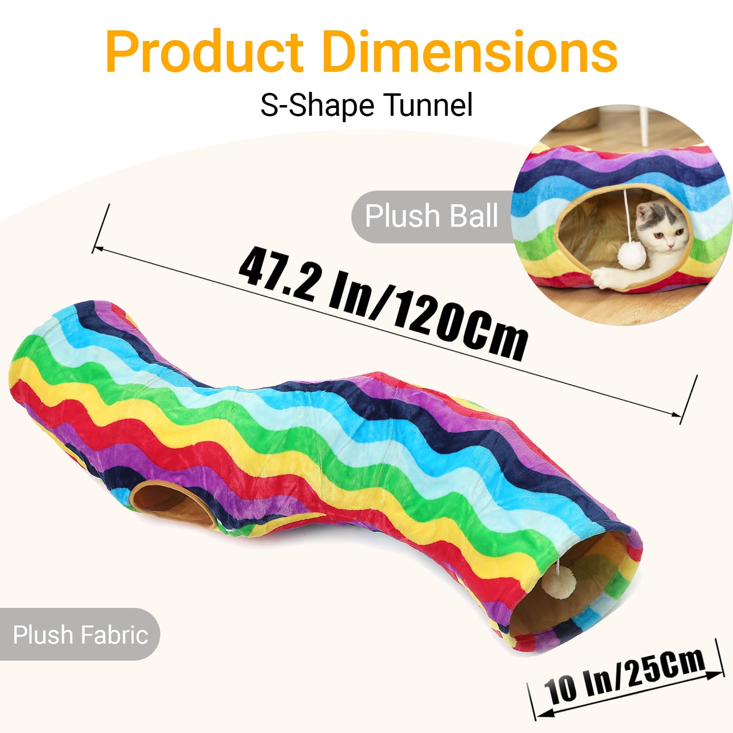 Luckitty Cat Tunnel - S-Shaped, Rainbow Wave Color, Soft Velvet Exterior, Oxford Fabric Fog-Proof Interior, Plush Toy Ball, Easi