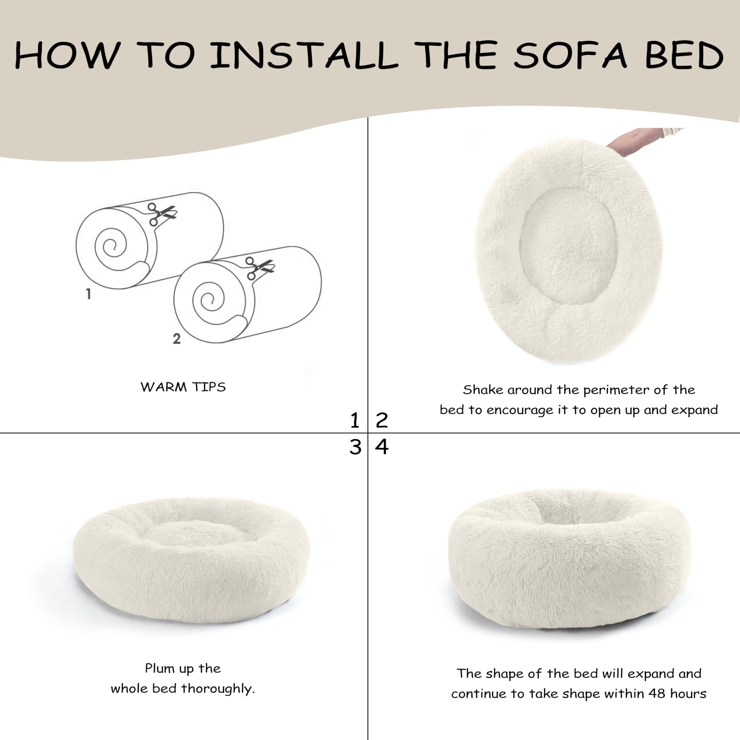 Bunlitent 30'' Inch Calming Dog Bed, Anti-Anxiety Donut Small Medium Dog Bed, Warming Cozy Soft Cute Round Washable, Marshmallow