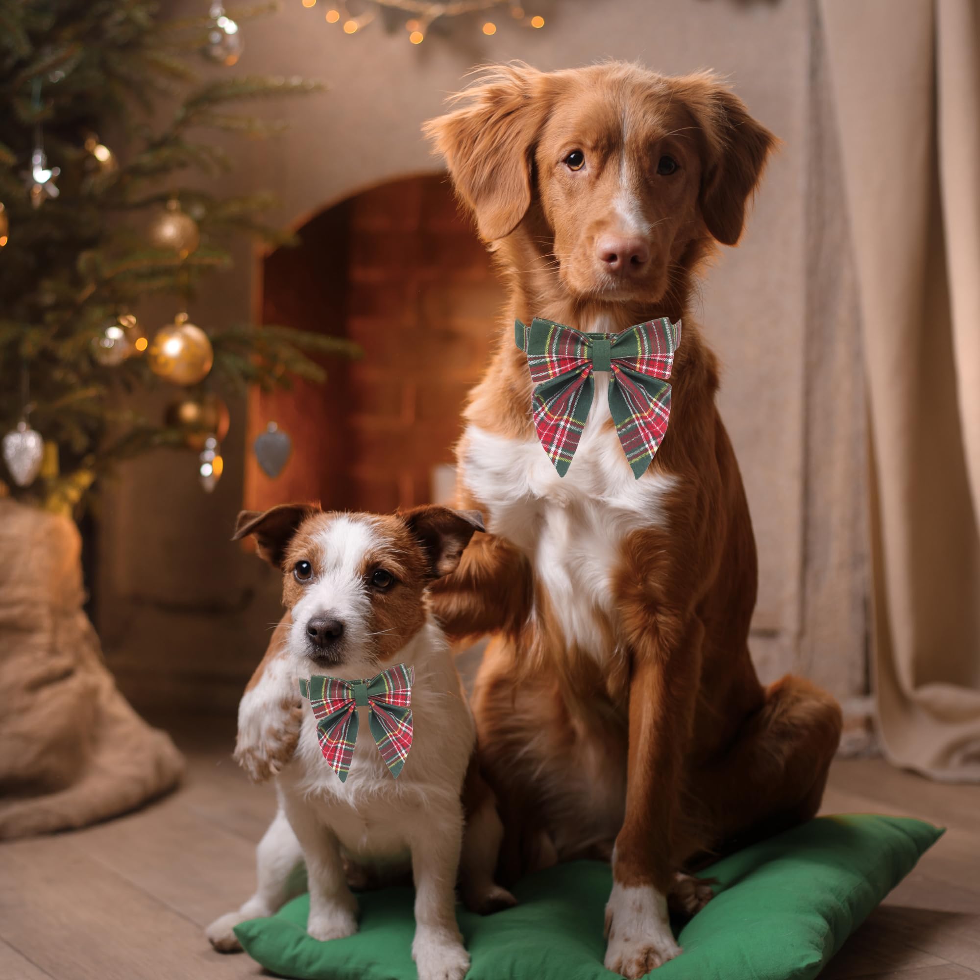 Adoggygo Christmas Dog Collar With Bow, Plaid Xmas Dog Bowtie Collar, Adjustable Green Dog Christmas Collars For Small Medium Large Dogs Pets (Medium, Green)