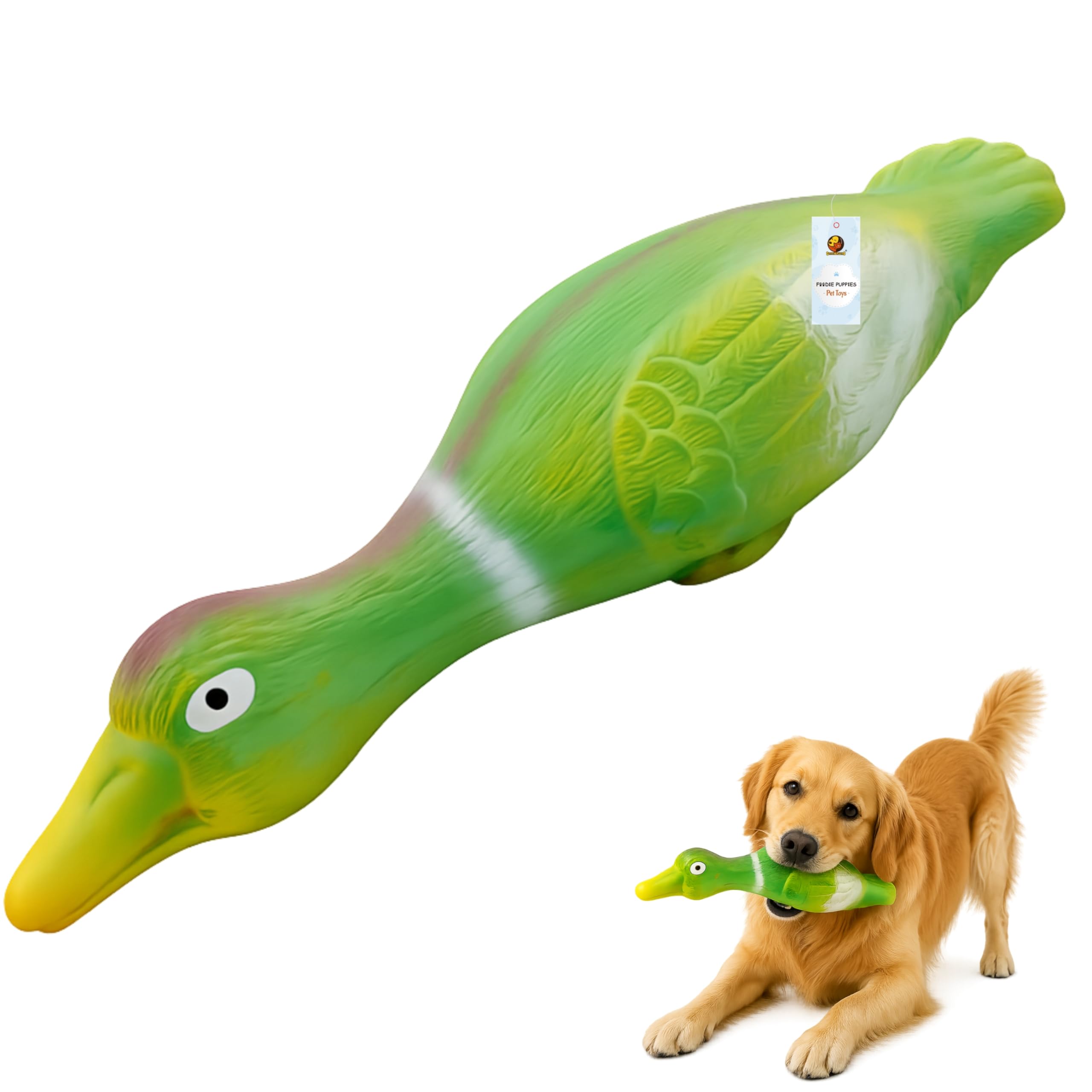 Foodie Puppies Dog Squeaky Chew Latex Rubber Toy  (Green Mallard Duck) | For Small Dogs & Puppies | Durable, Soft, Animal Desig