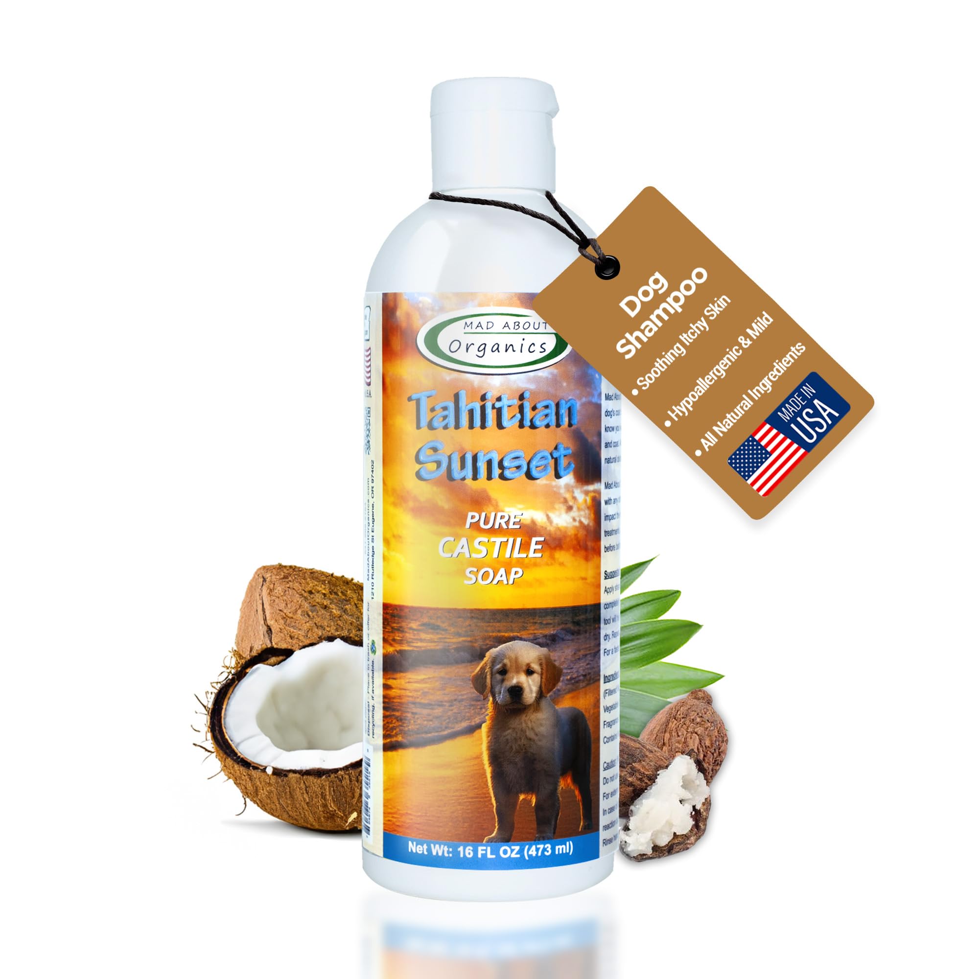 Mad About Organics Tahitian Sunset Dog Shampoo - Pure Castile Soap with Essential Oils, Gentle & Conditioning Formula for All Co