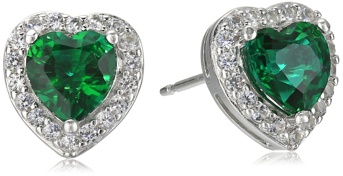 Sterling Silver created Emerald and created White Sapphire Halo Heart Stud Earrings
