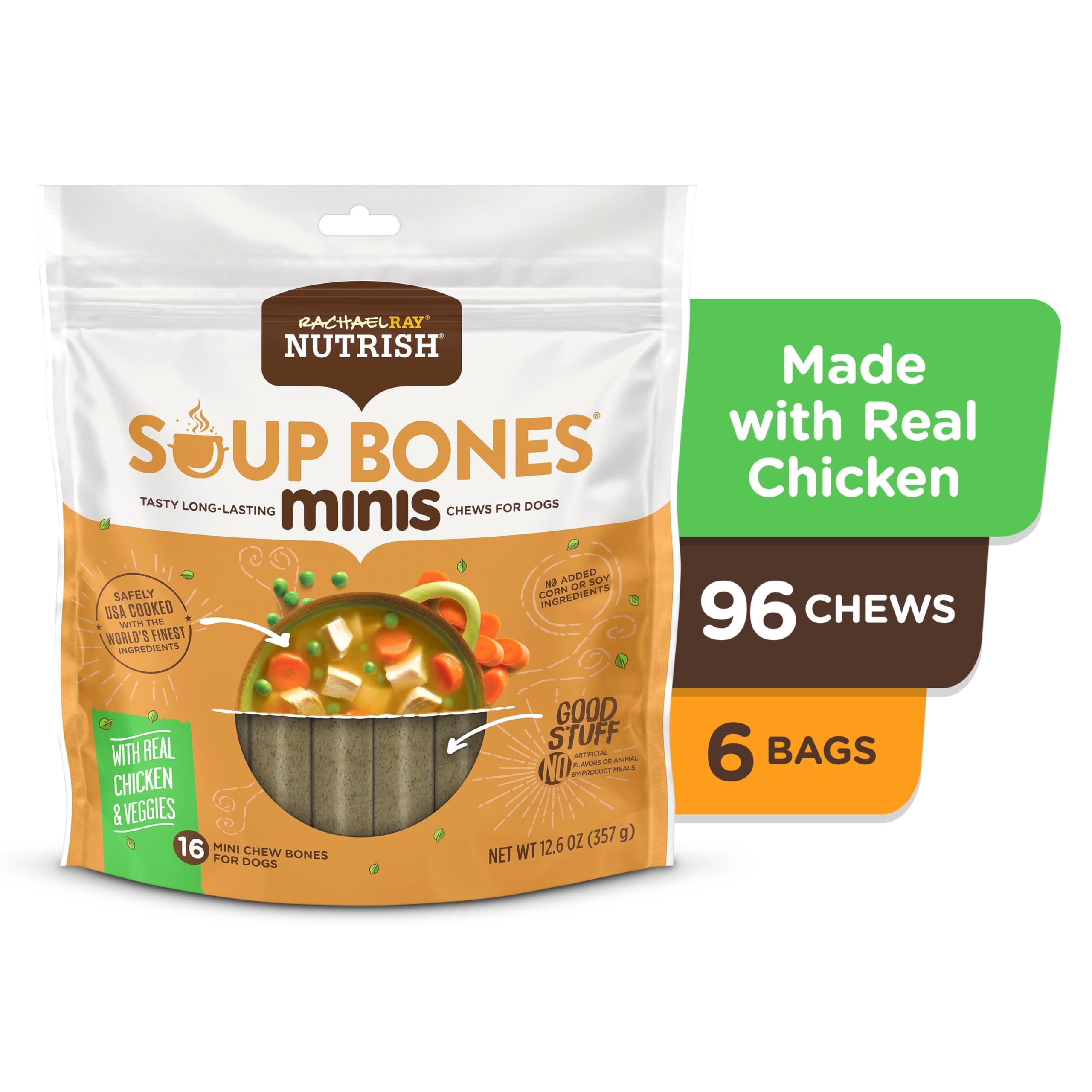 Nutrish Rachael Ray Dog Chews Soup Bones Minis with Real Chicken & Veggies, 16 Dog Treats