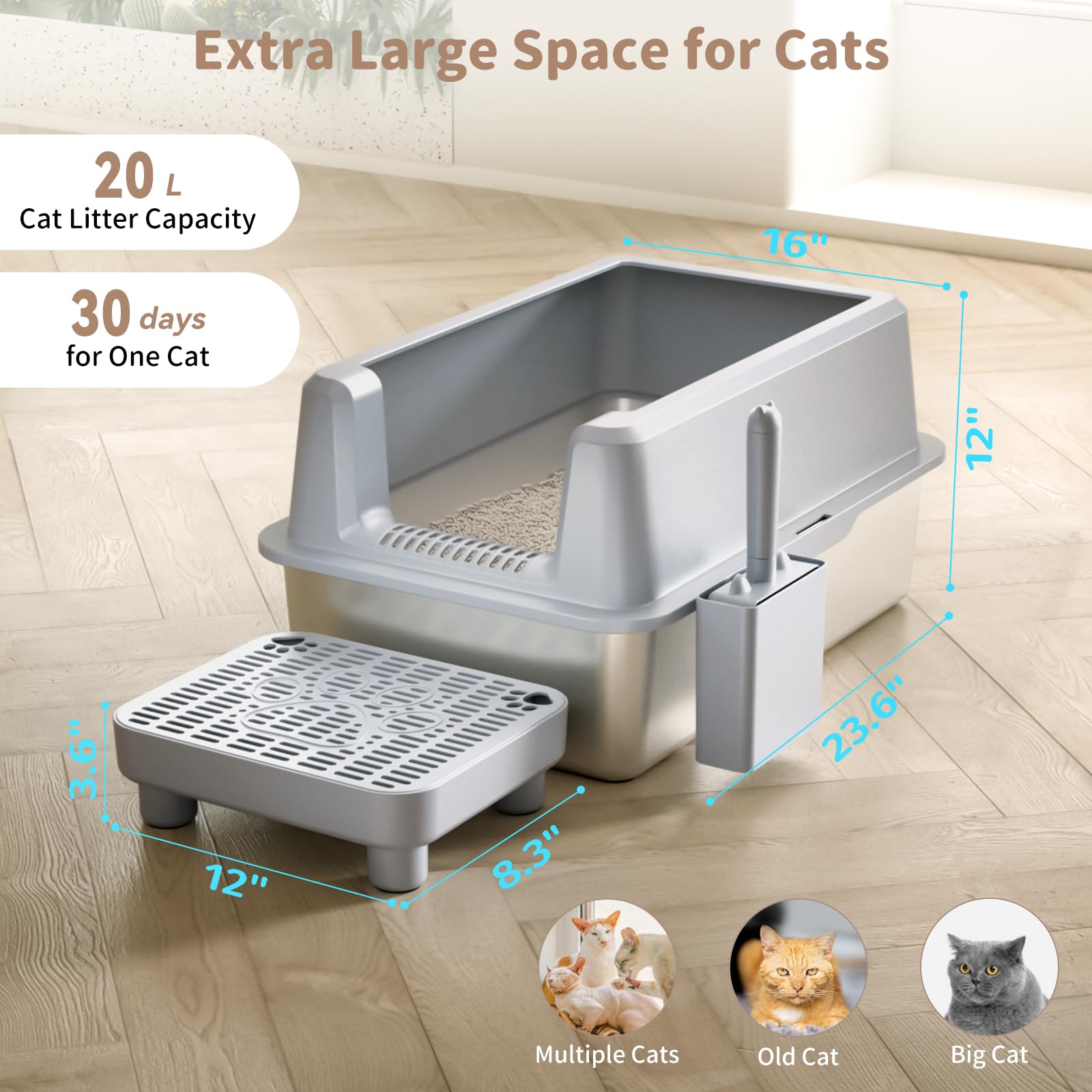 Perehome Stainless Steel Cat Litter Box With Lid, Extra Large Metal Litter Box For Big Cats Xl High-Sided Steel Litter Pan With