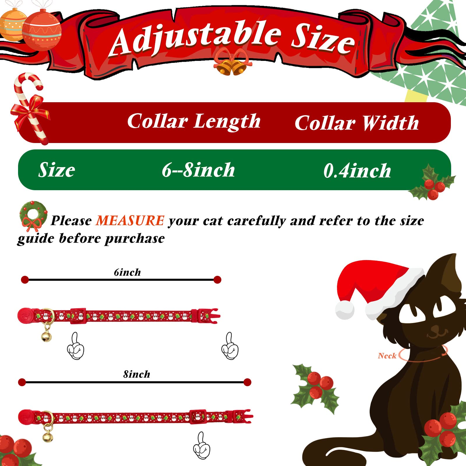 azuza 4 Pack Christmas Kitten Collar Set Adjustable Breakaway Kitten Collars with Bells New Year Pet Collar with Cute Design, Gr