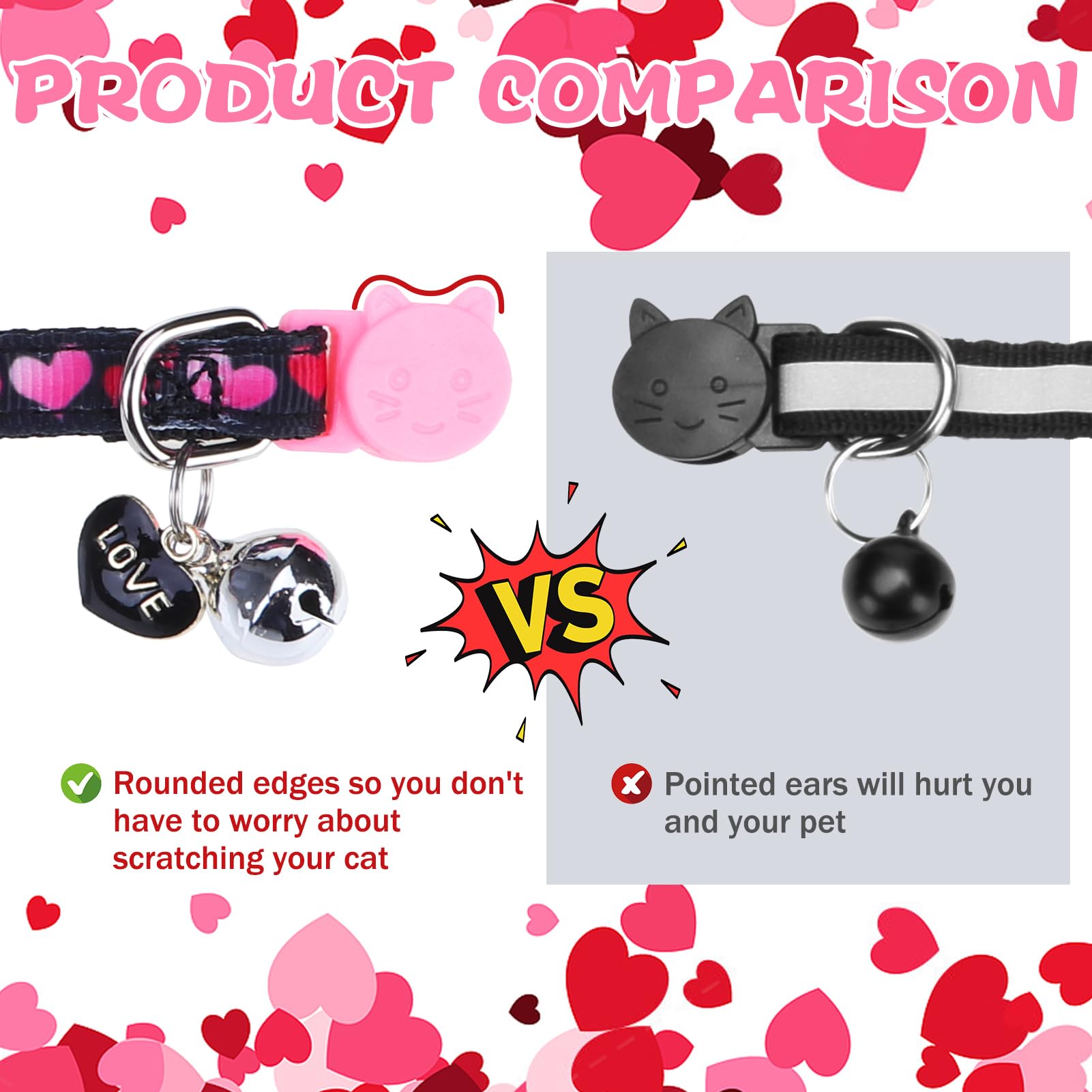Pupteck 3 Pack Cat Collar With Bells Breakaway - Safety Small Kitten Collar Adjustable Heart Pink Red Black, 8-12 In