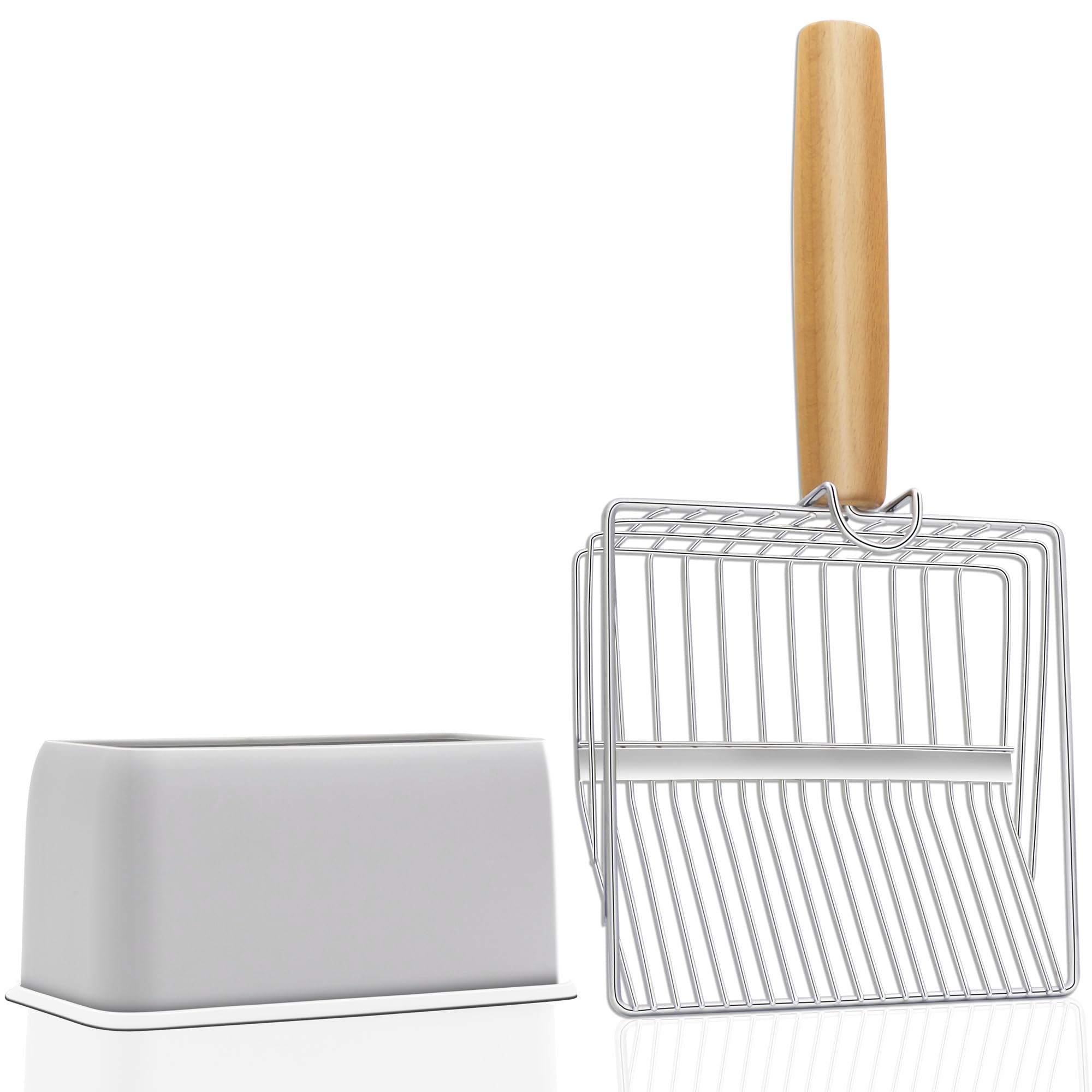 Ufecodo Fast Sifting Cat Litter Scoop With Holder Stand, 2 Widths Of Slots Stainless Steel Poop Scooper With Ergonomic Wood Hand