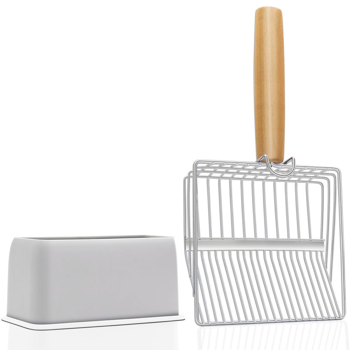 Ufecodo Fast Sifting Cat Litter Scoop With Holder Stand, 2 Widths Of Slots Stainless Steel Poop Scooper With Ergonomic Wood Hand