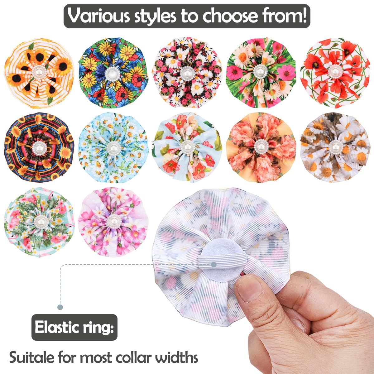 Jpgdn 12Pcs Dog Collar Flowers With Beads Pet Collar For Small And Medium Puppy Doggies Sliding Pet Collar Bow Flowers Grooming