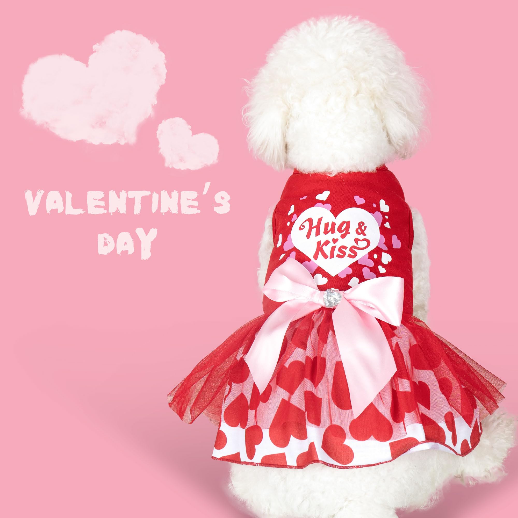 Cyeollo Valentine'S Day Dog Dress Holiday Dog Clothes Heart Print Tulle Doggie Dresses For Small Dogs Girls Party Outfit Puppy C