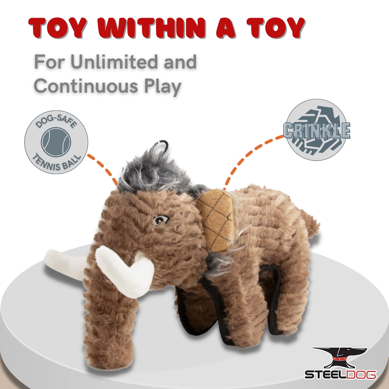 Steel Dog Ruffian T-Rex, Large Plush Dinosaur Dog Toy, Tough & Chew Resistant, With Tennis Ball & Crinkle Body, For Small, Mediu