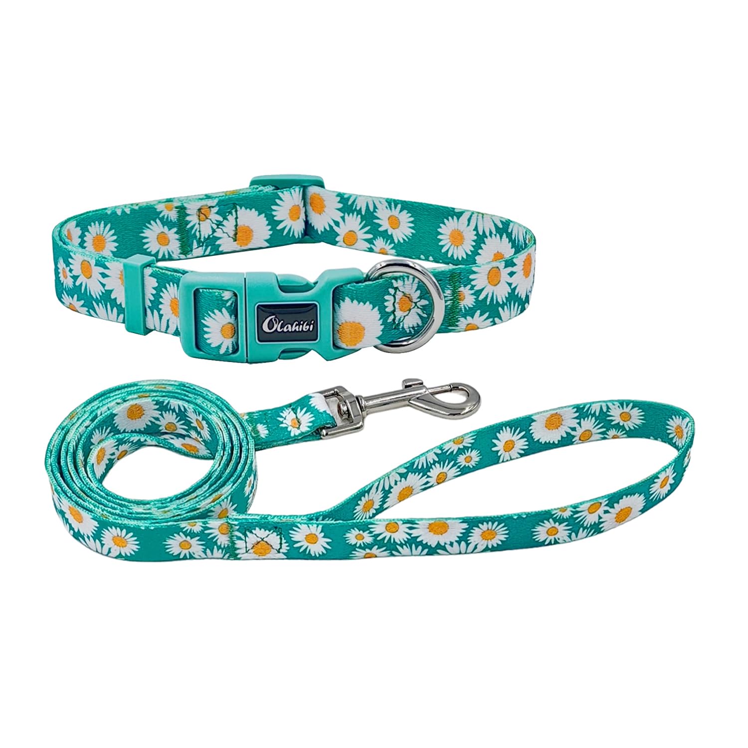 Olahibi Dog Collar And Leash Set, Cute Daisy Pattern, Polyester Material, 5Ft Leash, For Large Dogs.(Large,Green Daisy)