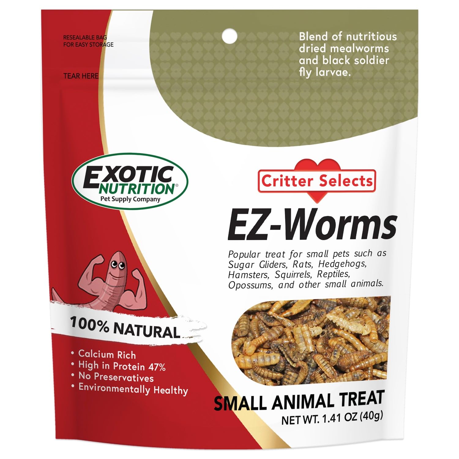 EZ-Worms (1.41 oz.) - Blend of Dried Mealworms & Black Soldier Fly Larvae (BSFL) - Healthy Insect Treat - Chickens, Bluebirds, S
